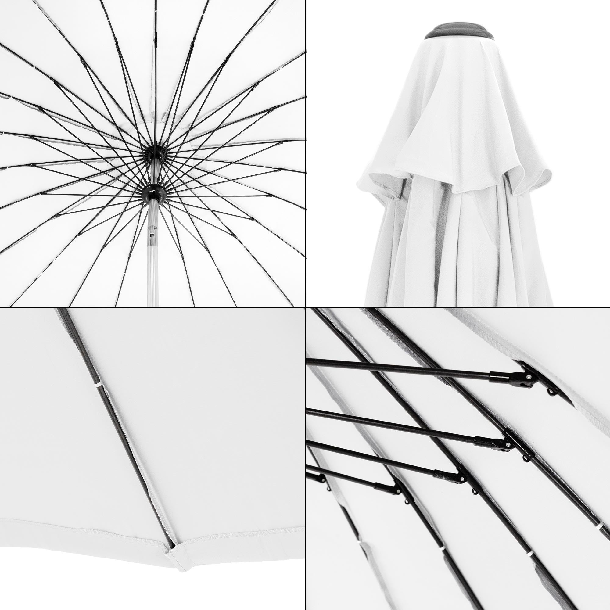 Vue détaillée de l'intérieur du parasol avec des arceaux et une housse.