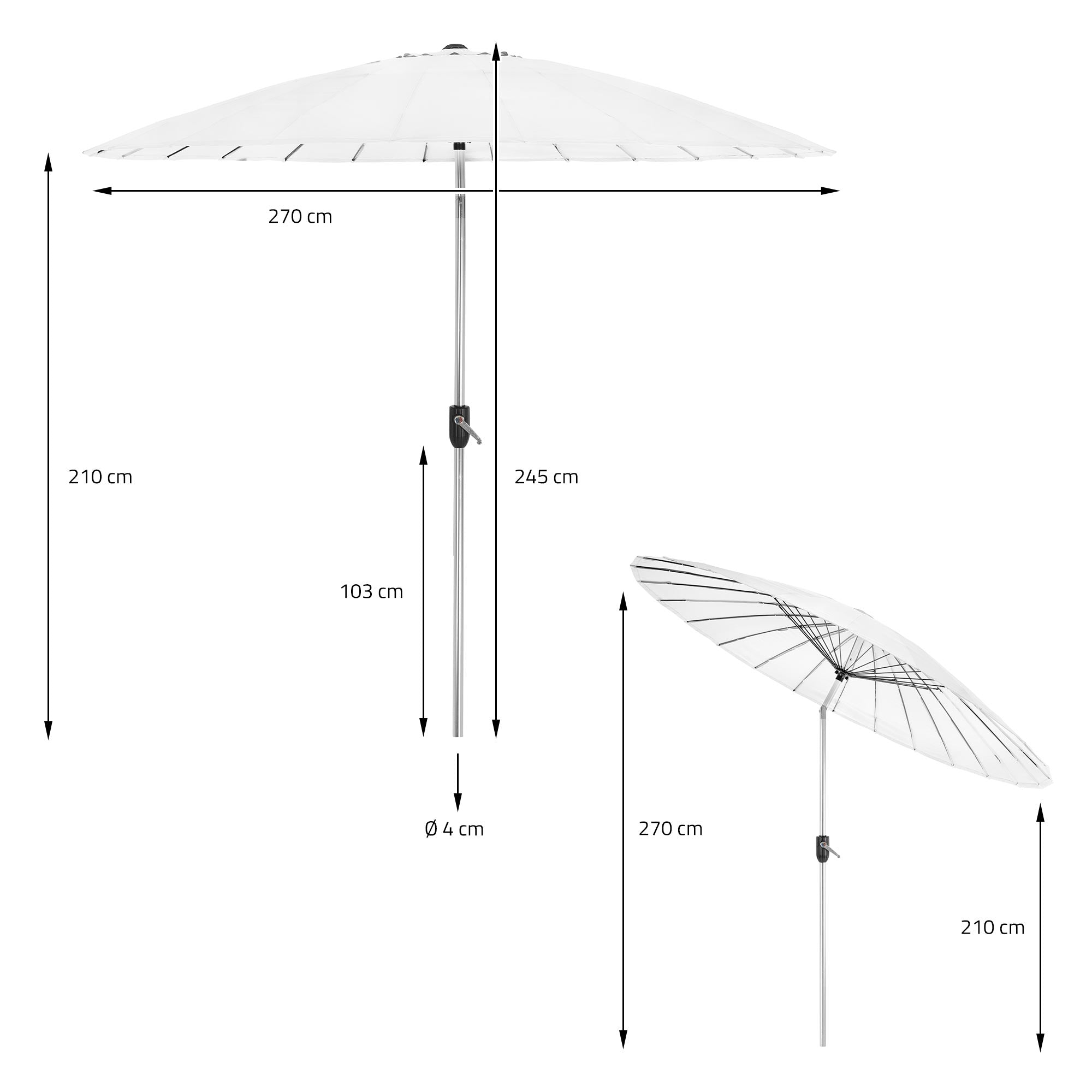 Parasol avec des dimensions : 270 cm de diamètre, 210 cm de hauteur, 245 cm de hauteur en inclinaison.