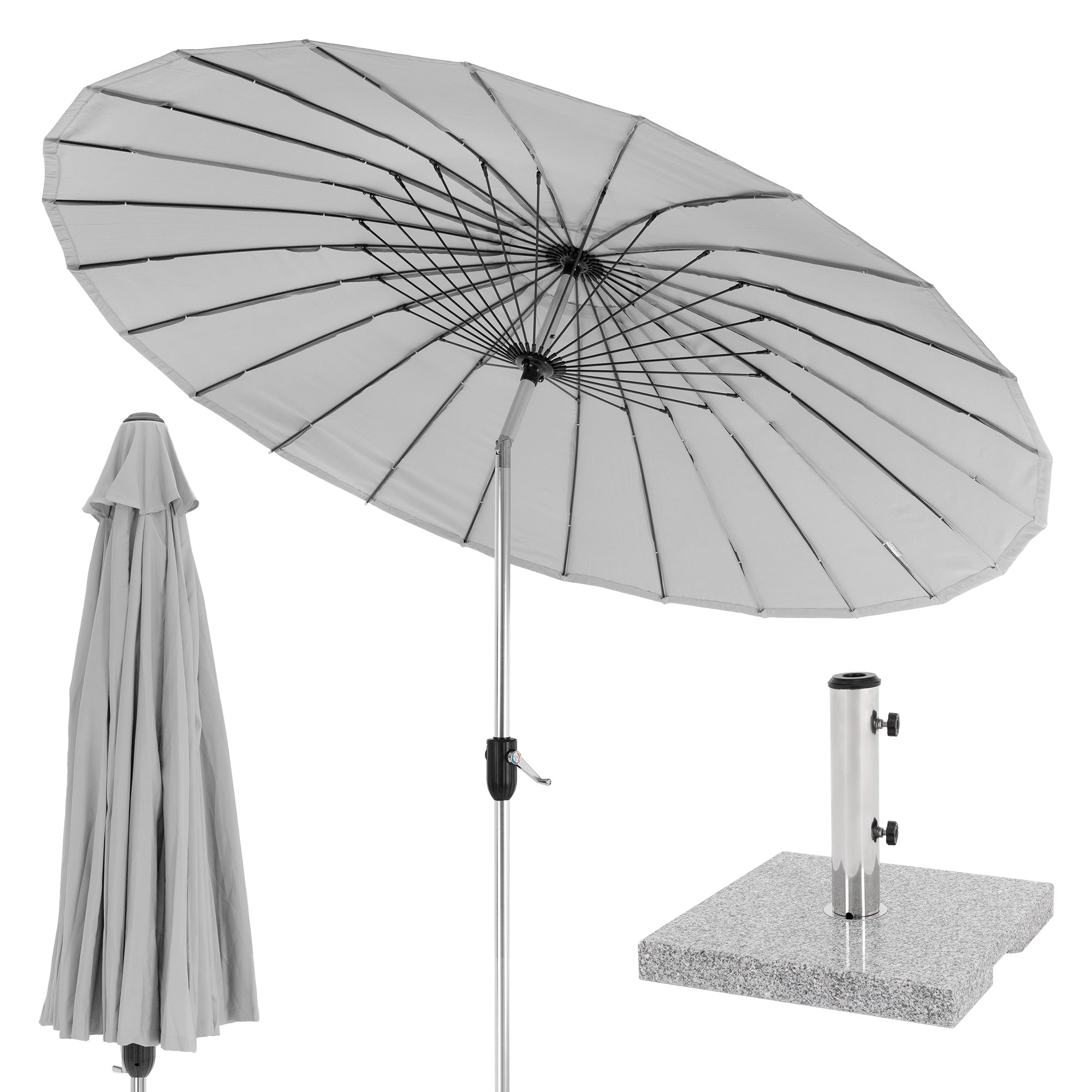 Parasol ouvert avec vue sur le dessous et pied.