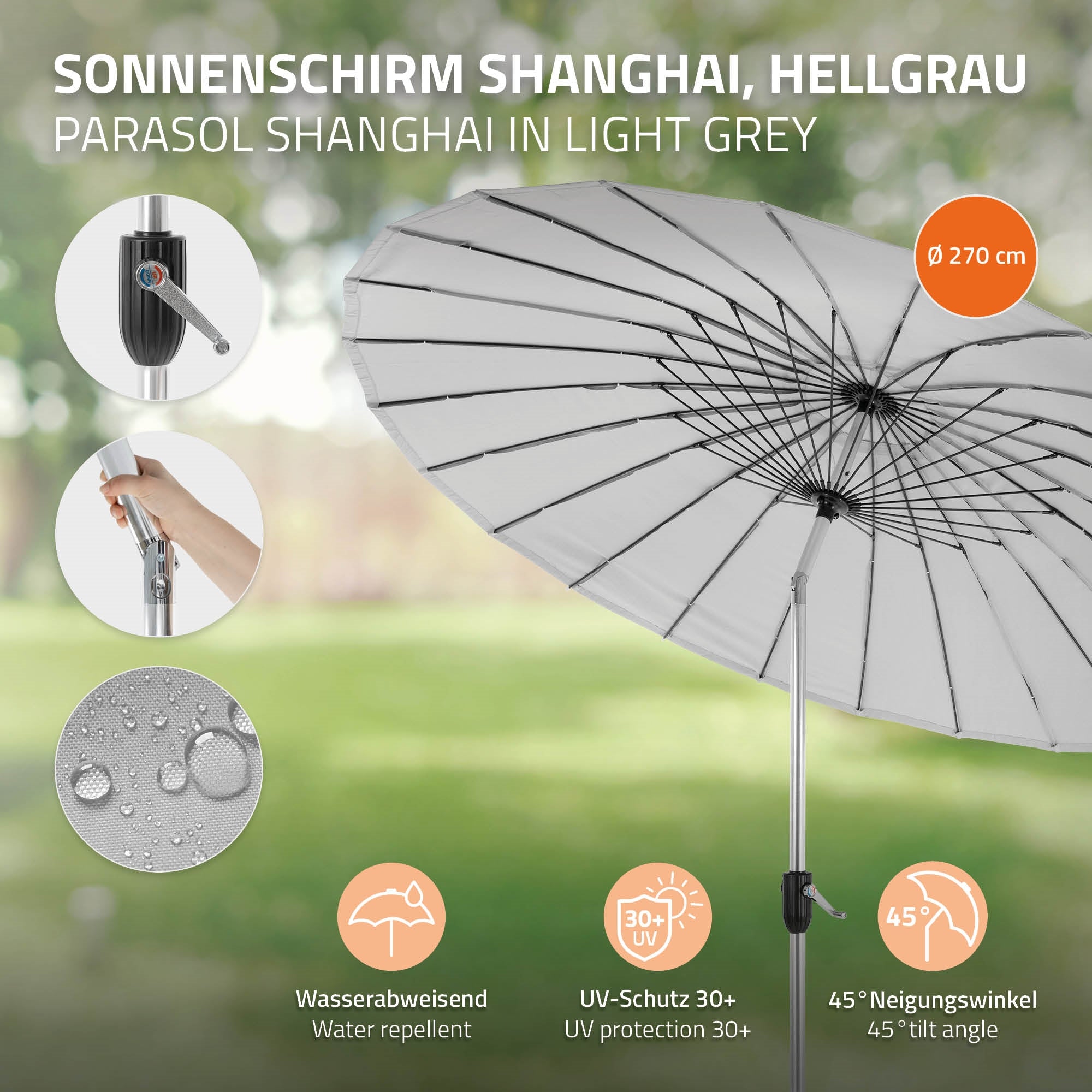 Parasol gris clair avec des détails sur la protection UV et le déperlant.