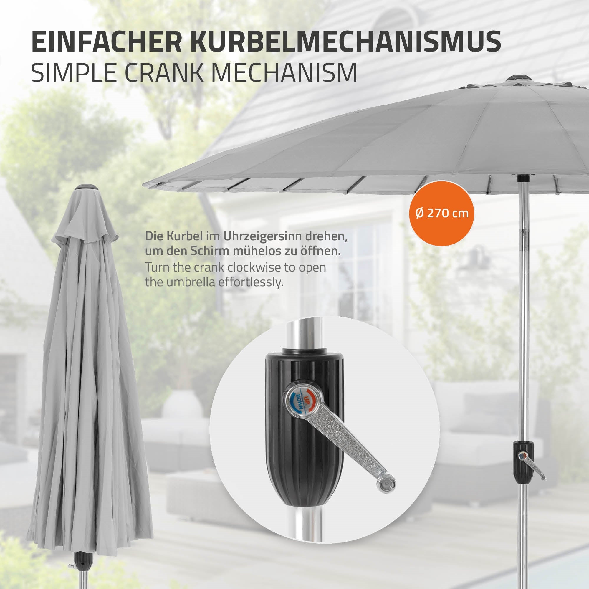Gros plan sur le mécanisme de manivelle d'un parapluie.