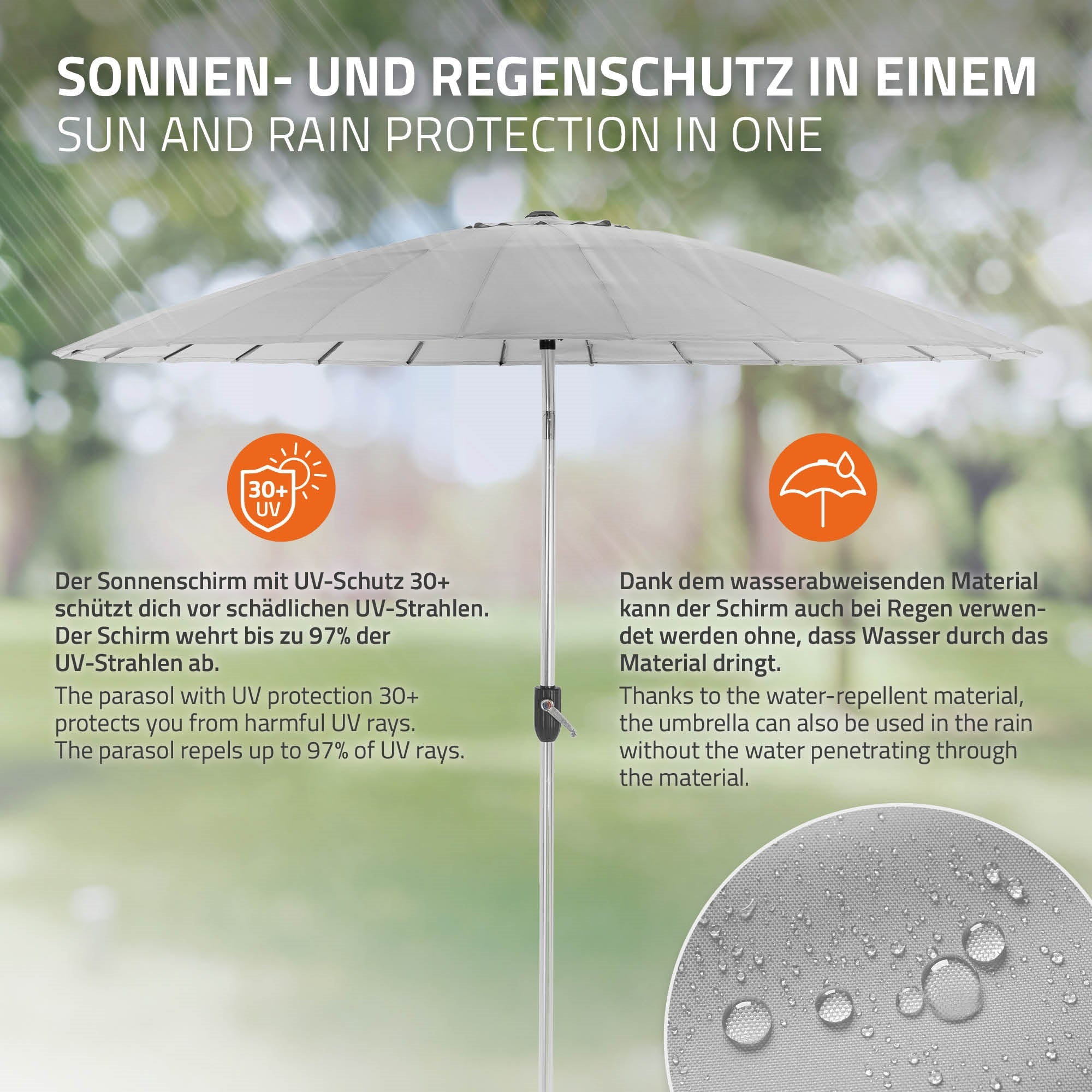 Parasol avec protection UV et matériau déperlant à l'extérieur.
