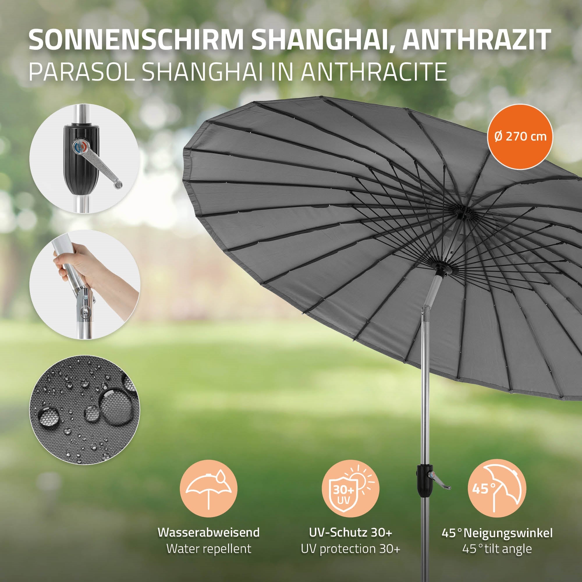 Sonnenschirm in Anthrazit mit Wasser abweisenden Eigenschaften.