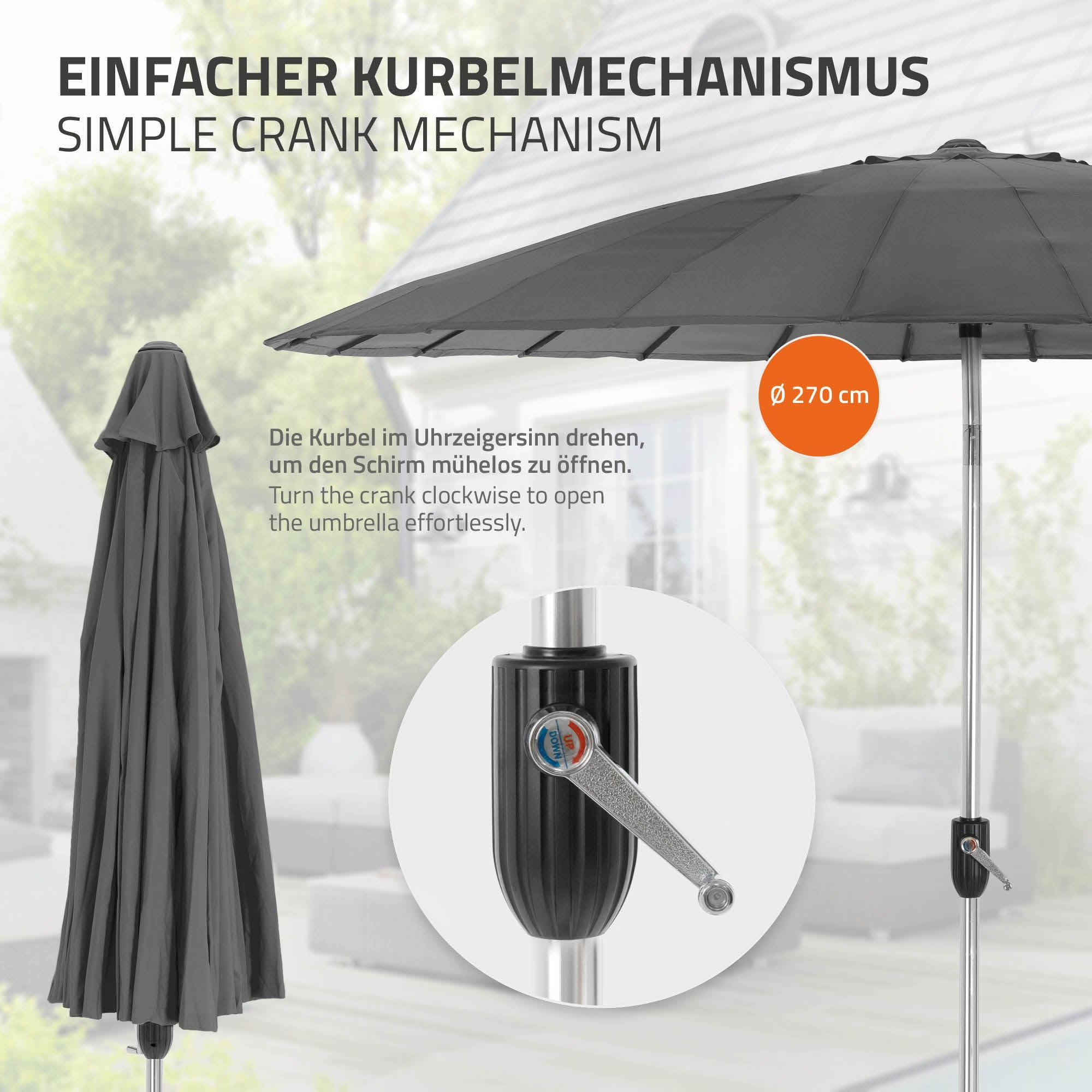 Kurbelmechanismus zur einfachen Bedienung des Sonnenschirms.
