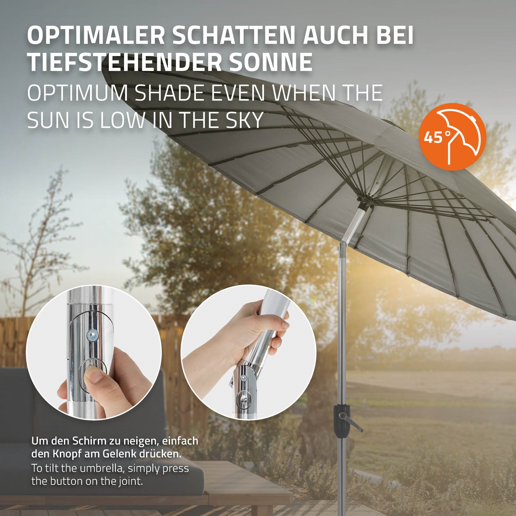Schirm, der in einem Winkel von 45 Grad geneigt ist, um Schatten zu spenden.