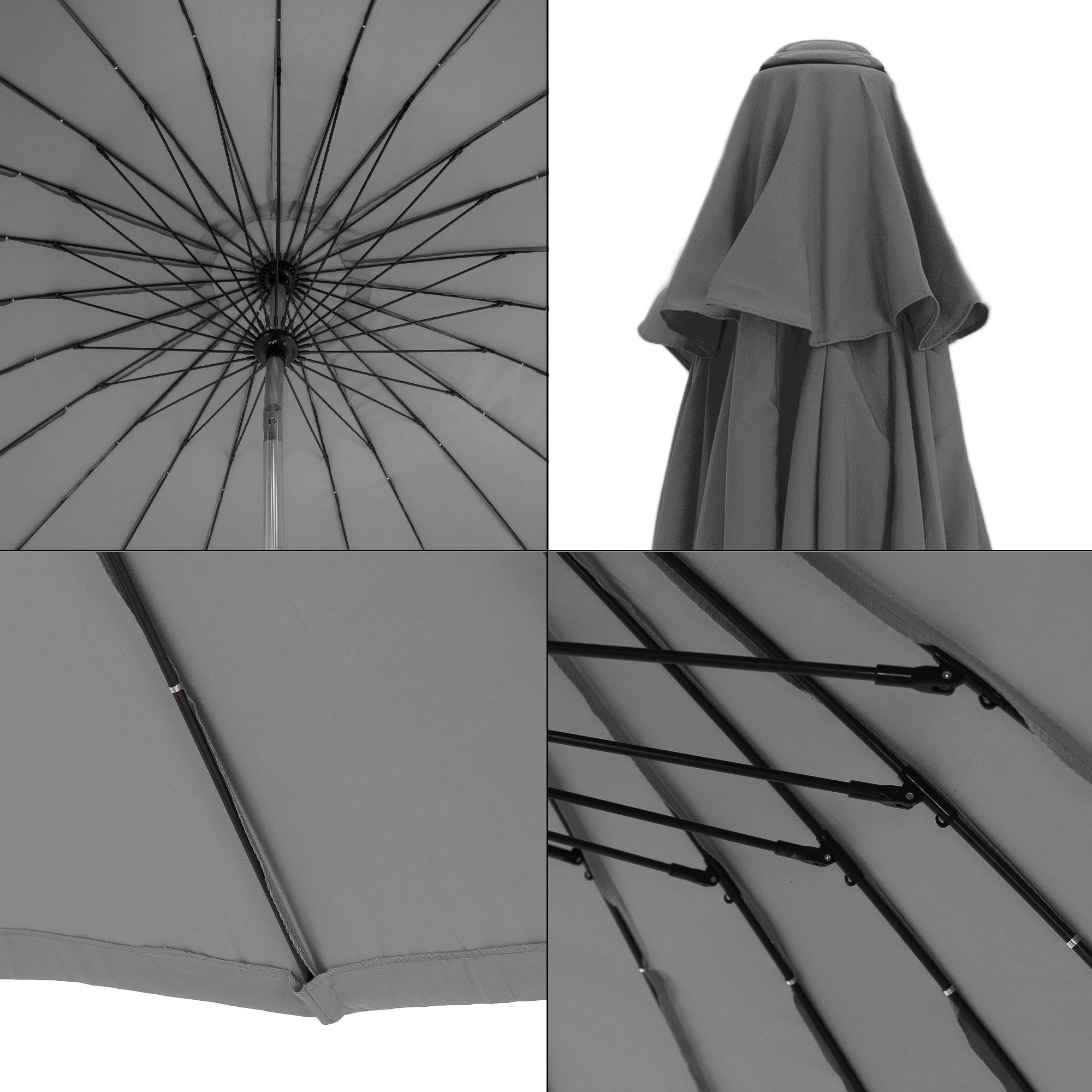 Vue détaillée de l'intérieur du parasol avec armature et tissu, fermé.