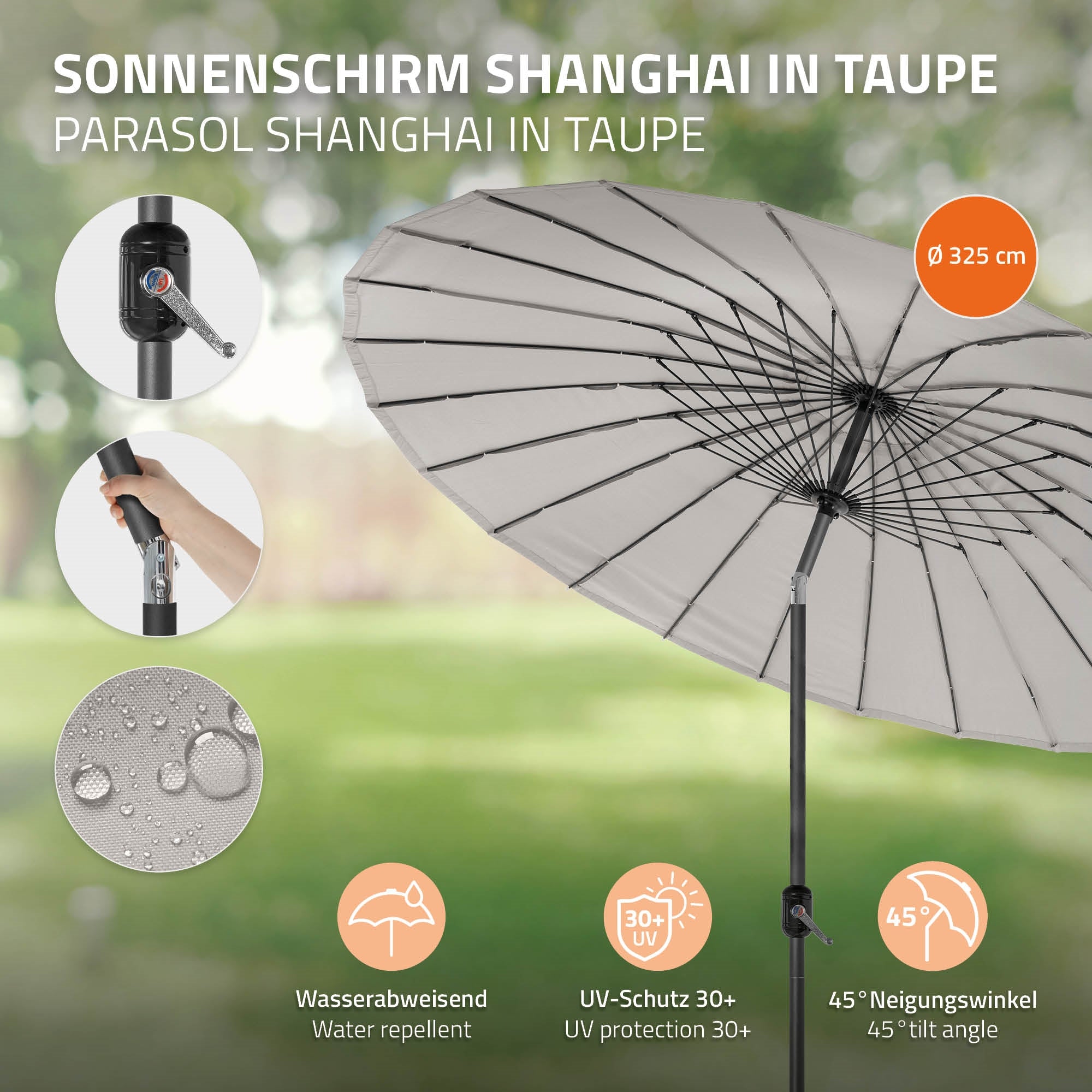 Taupe-kleurige parasol met waterafstotend materiaal en UV-bescherming.