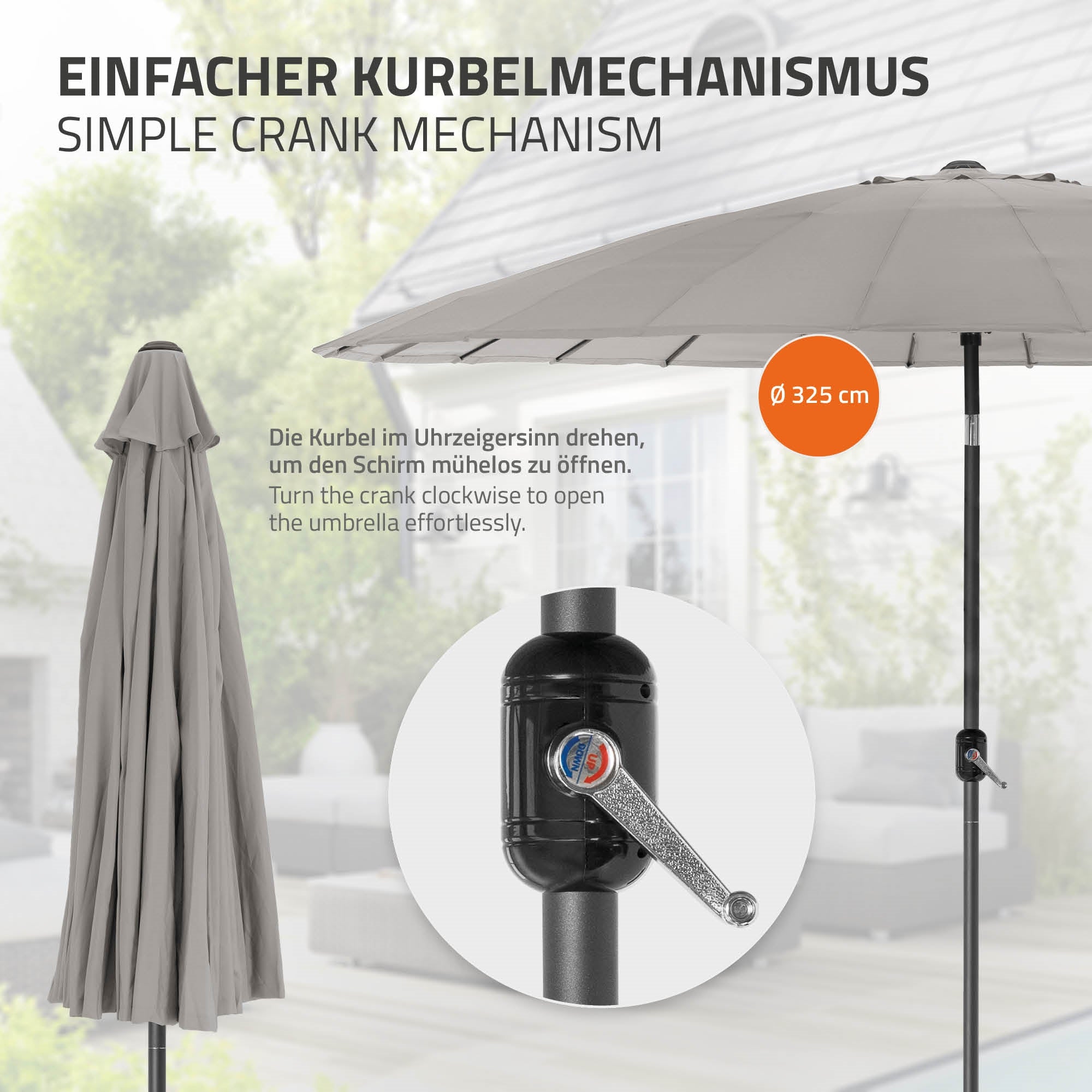 Paraplu met slingermechanisme, die eenvoudig te bedienen is, op een tafel in de tuin.