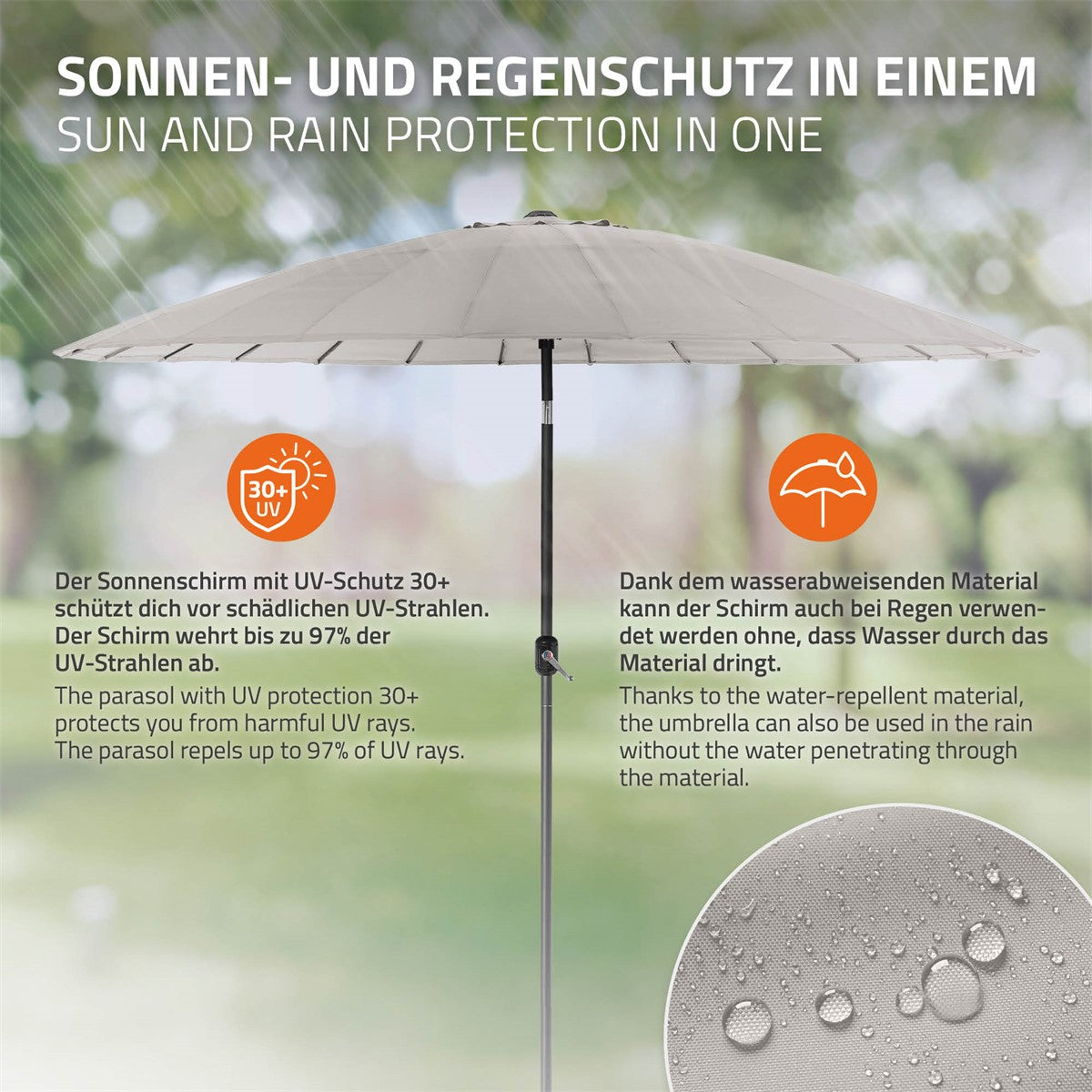 Parasol avec protection UV sur une pelouse, des gouttes d’eau sur le matériau.