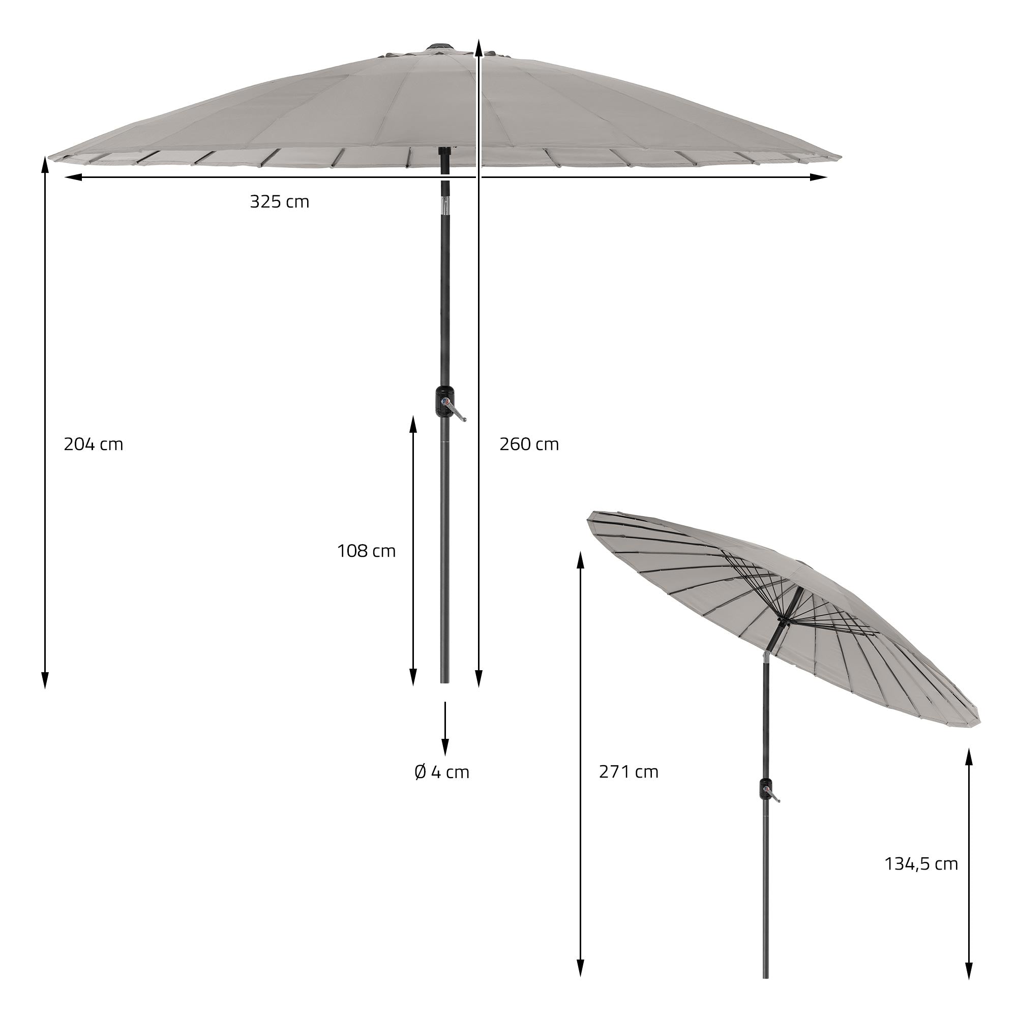 Maatschets van een parasol met verschillende afmetingen.