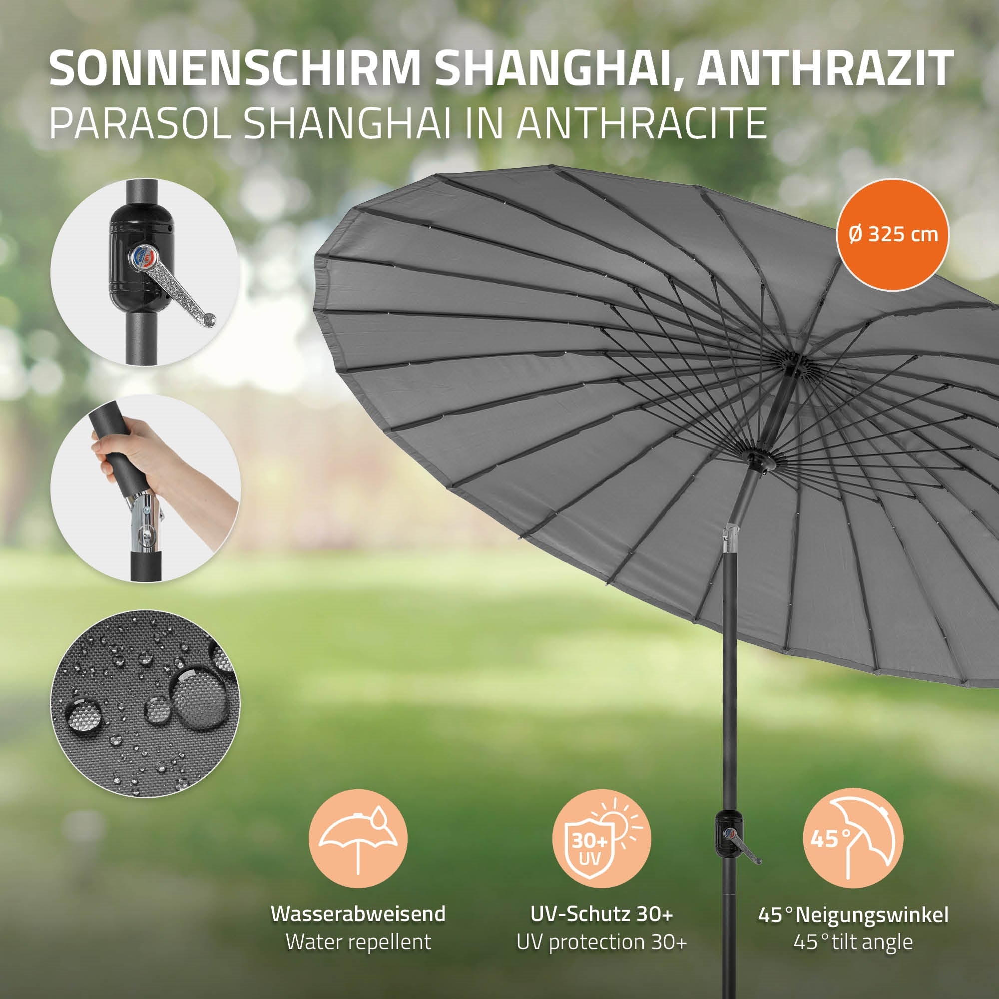 Anthrazitfarbener Sonnenschirm mit Wasser abweisender Oberfläche.