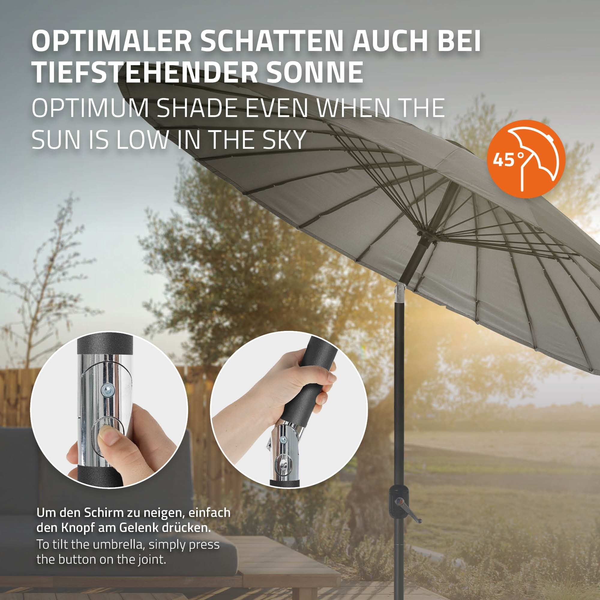 Eine Hand, die einen Schirm neigt, während der Schirm auf einem Ständer steht.