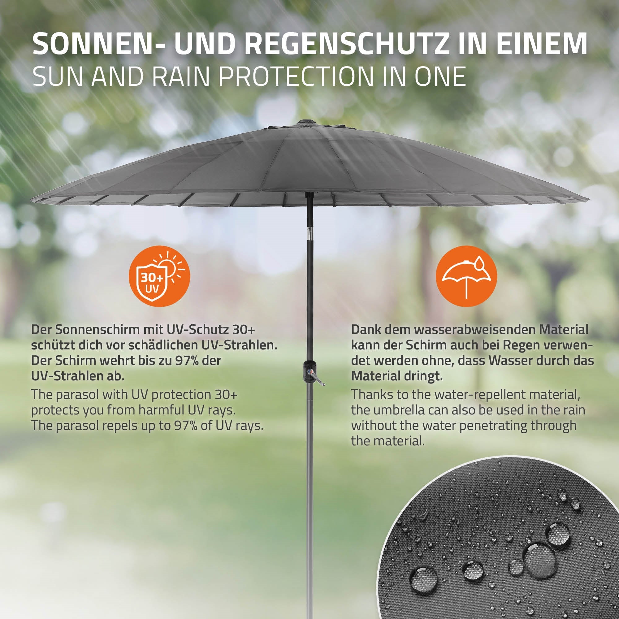 Informationen über den UV-Schutz und wasserabweisendes Material des Sonnenschirms.