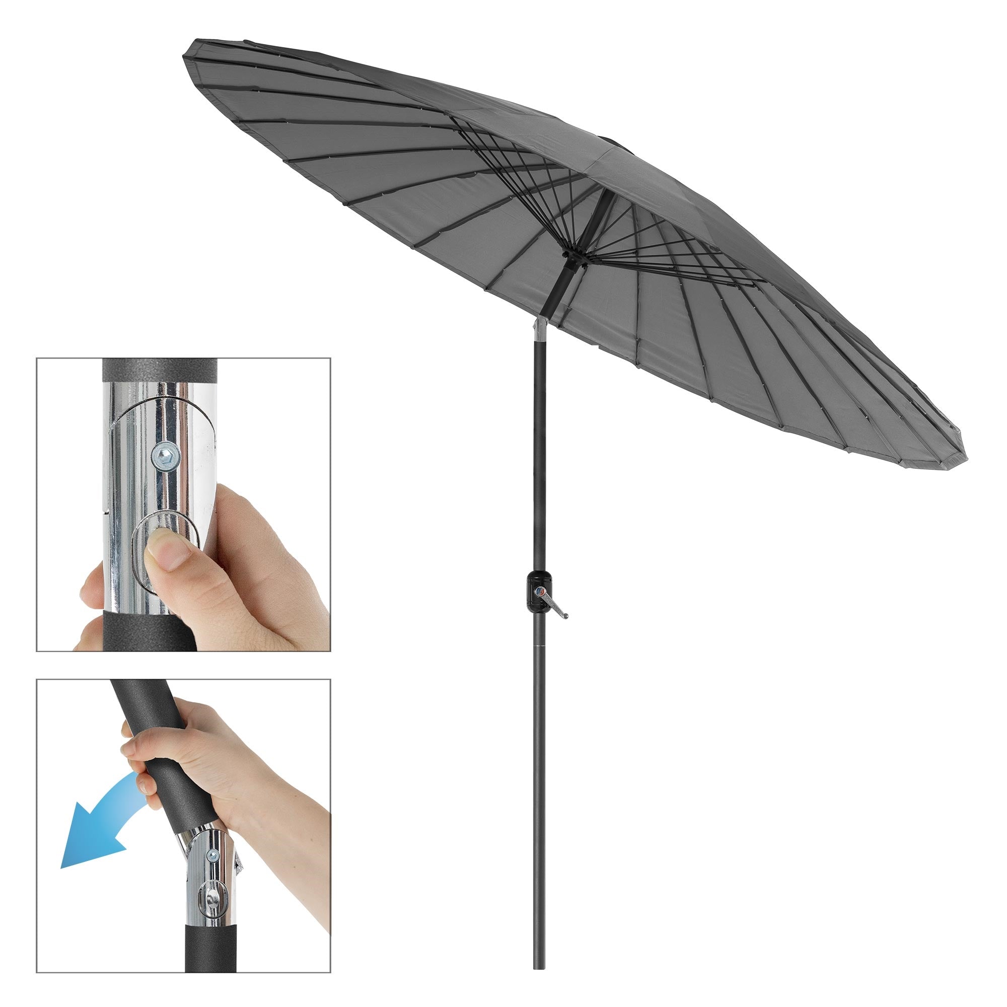 Parasol avec housse noire et structure réglable, main tenant le mécanisme.