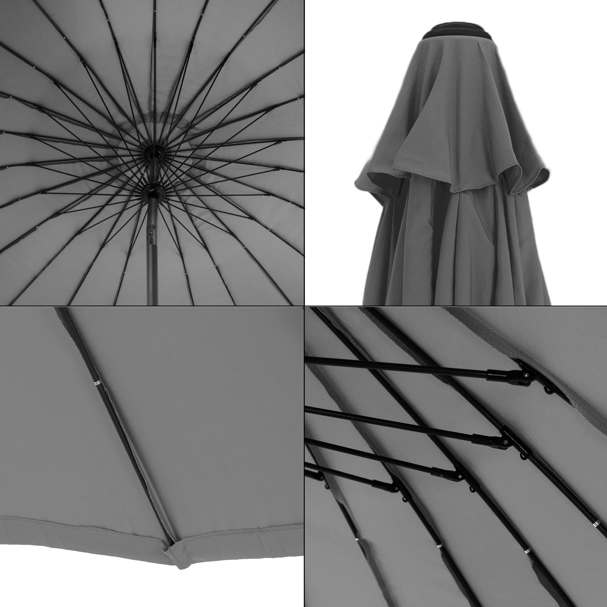 Vue détaillée de l'intérieur du parasol avec structure et tissu, fermé.