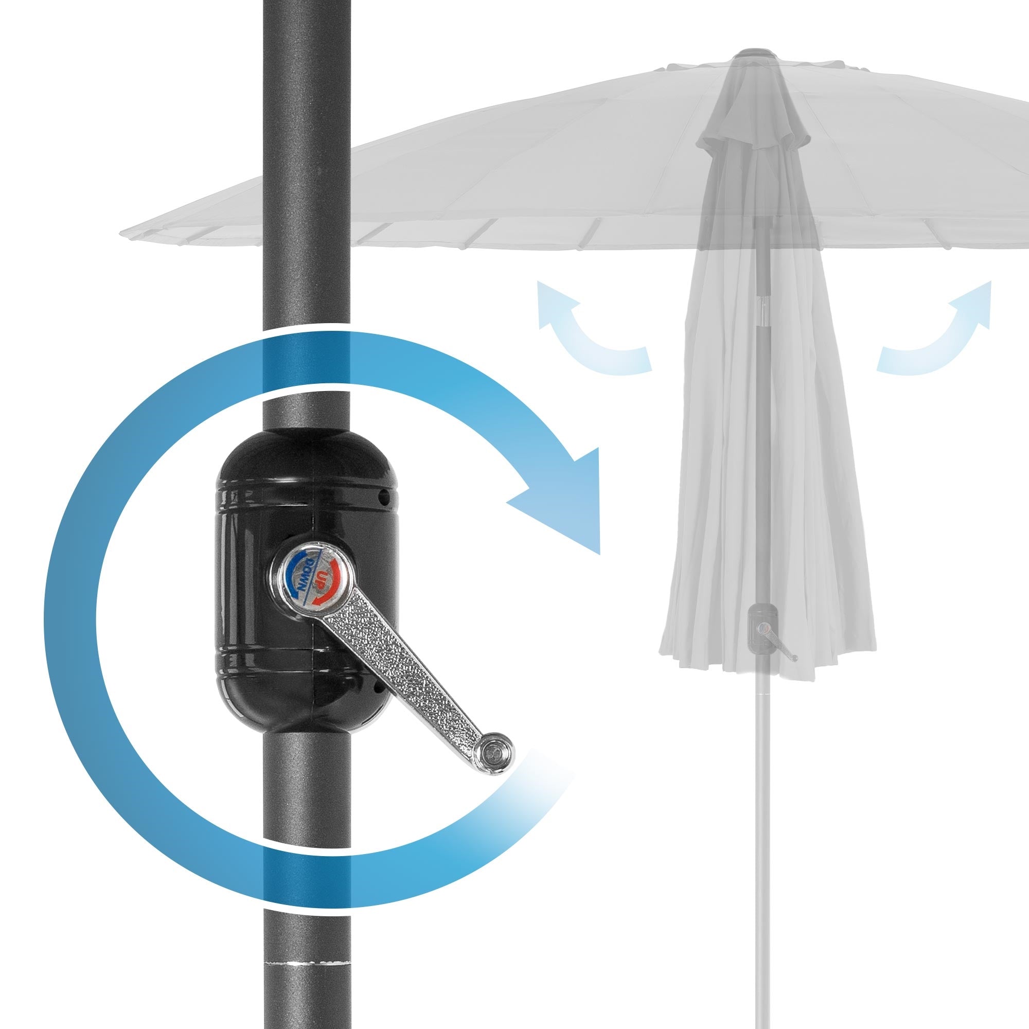 Un pied de parasol avec une manivelle pour régler le parasol.