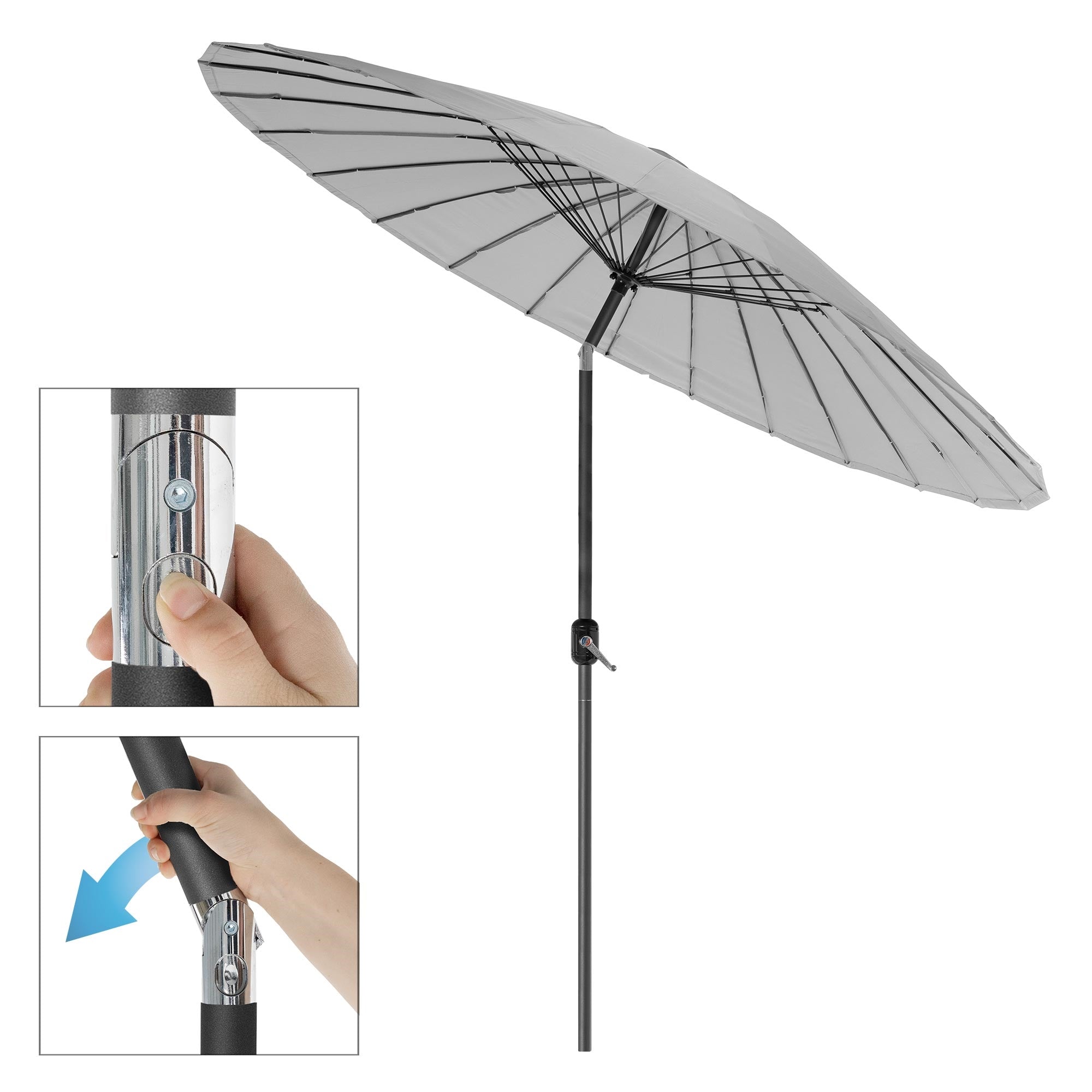 Sonnenschirm mit einem Handgriff, der den Neigungsmechanismus zeigt.