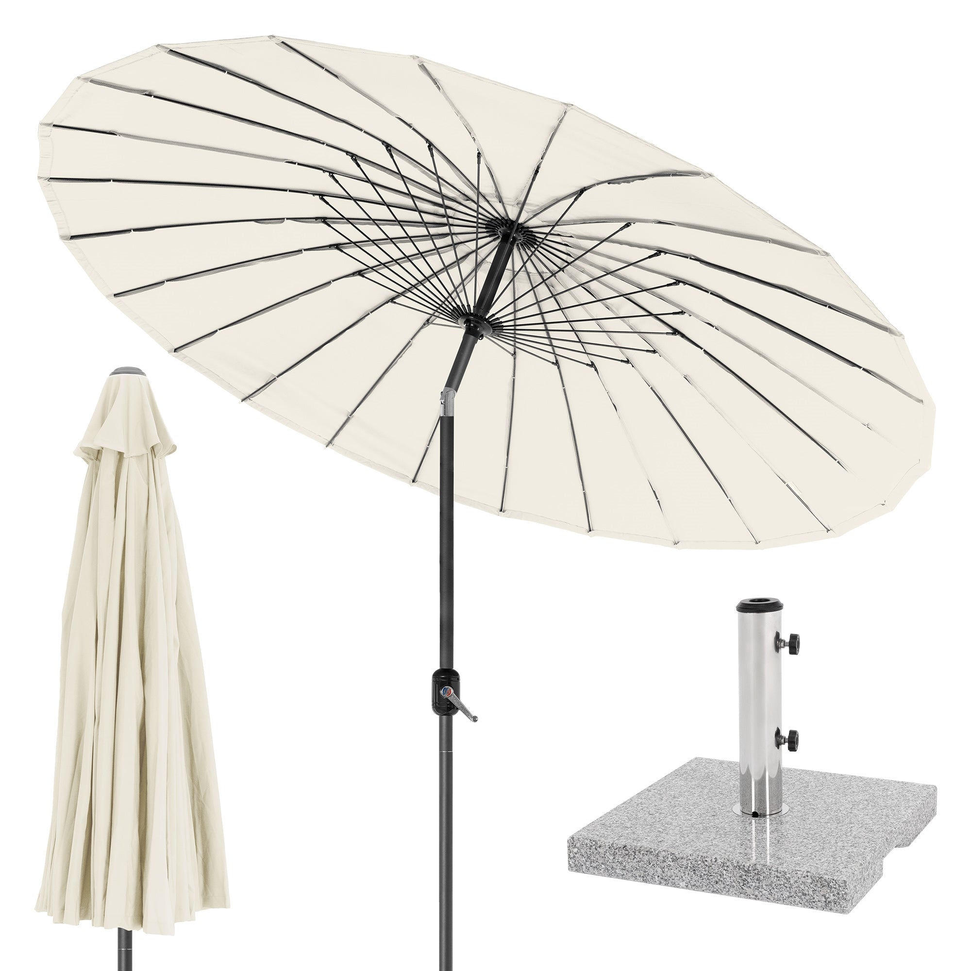 Un parasol beige avec un socle en granit stable.