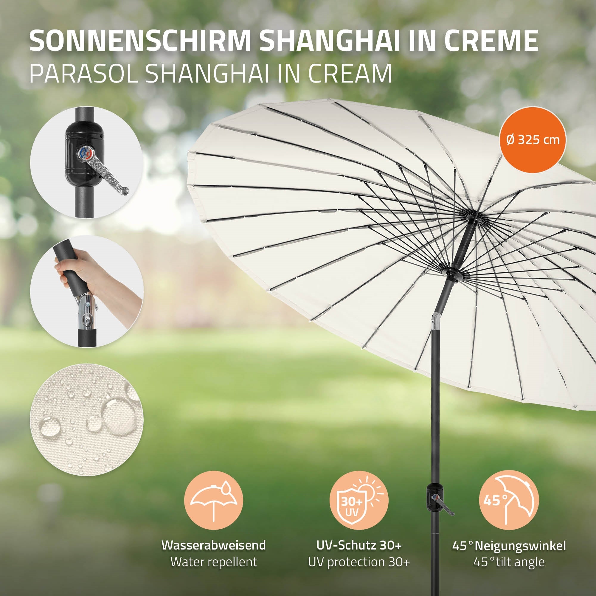 Ombrello color crema con materiale idrorepellente.