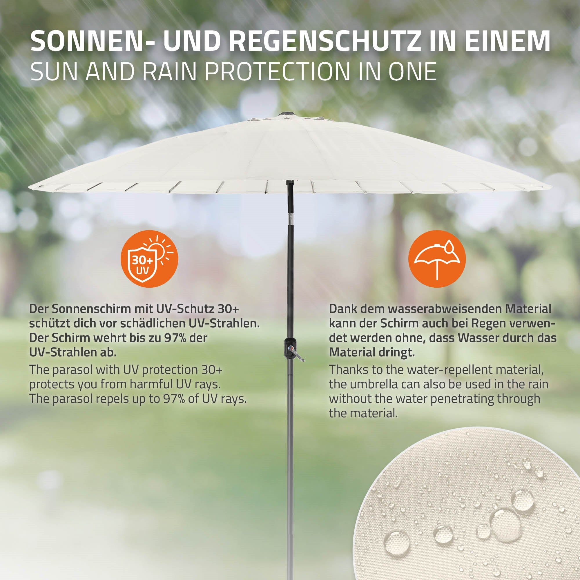 Ombrello con protezione UV 30+, protegge dai raggi UV e dall'acqua.