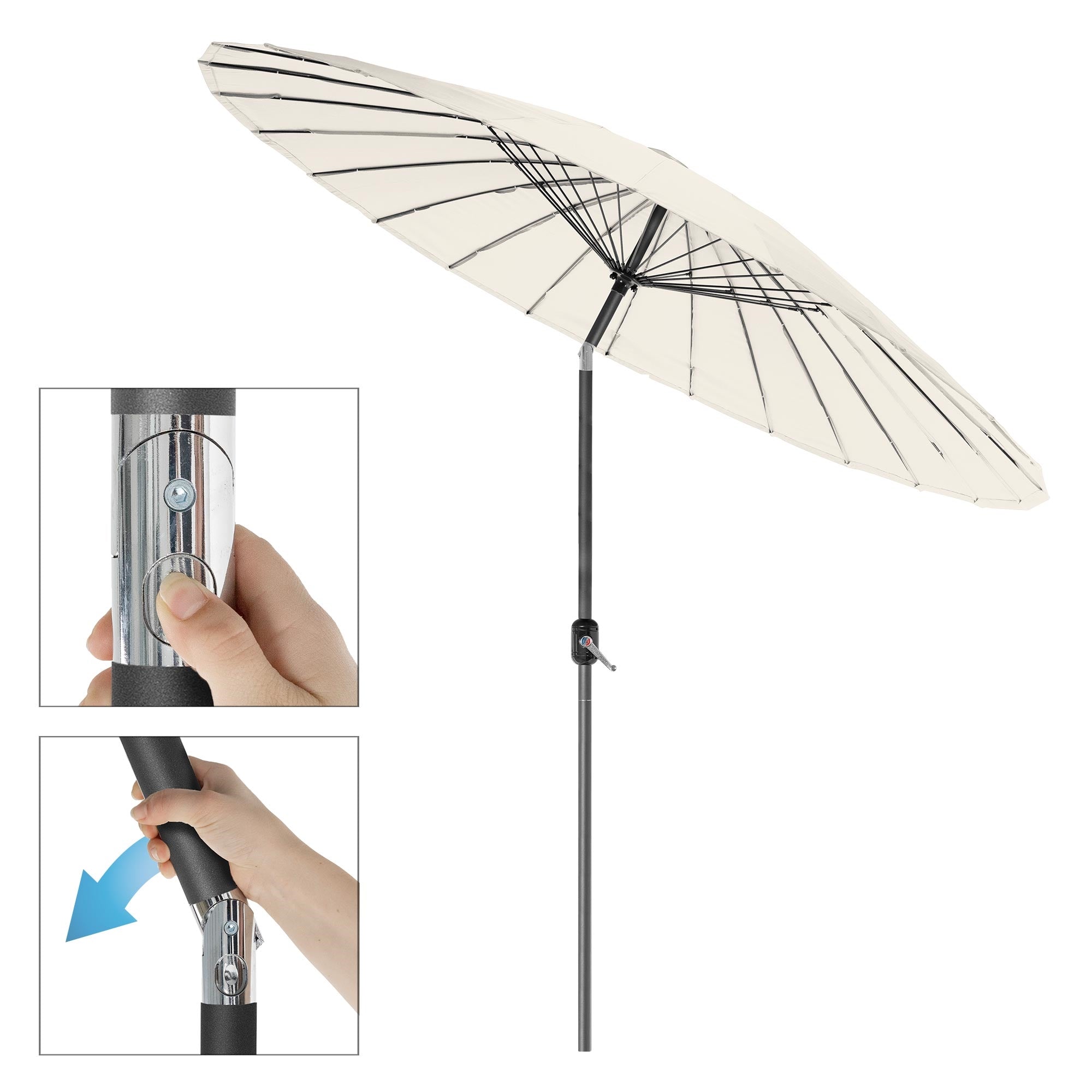 Parasol blanc avec une main montrant le mécanisme.