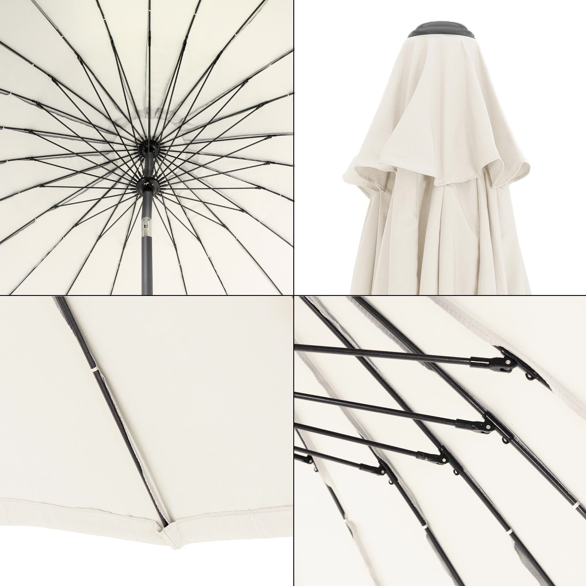 Vue détaillée du parasol avec son cadre et son tissu.