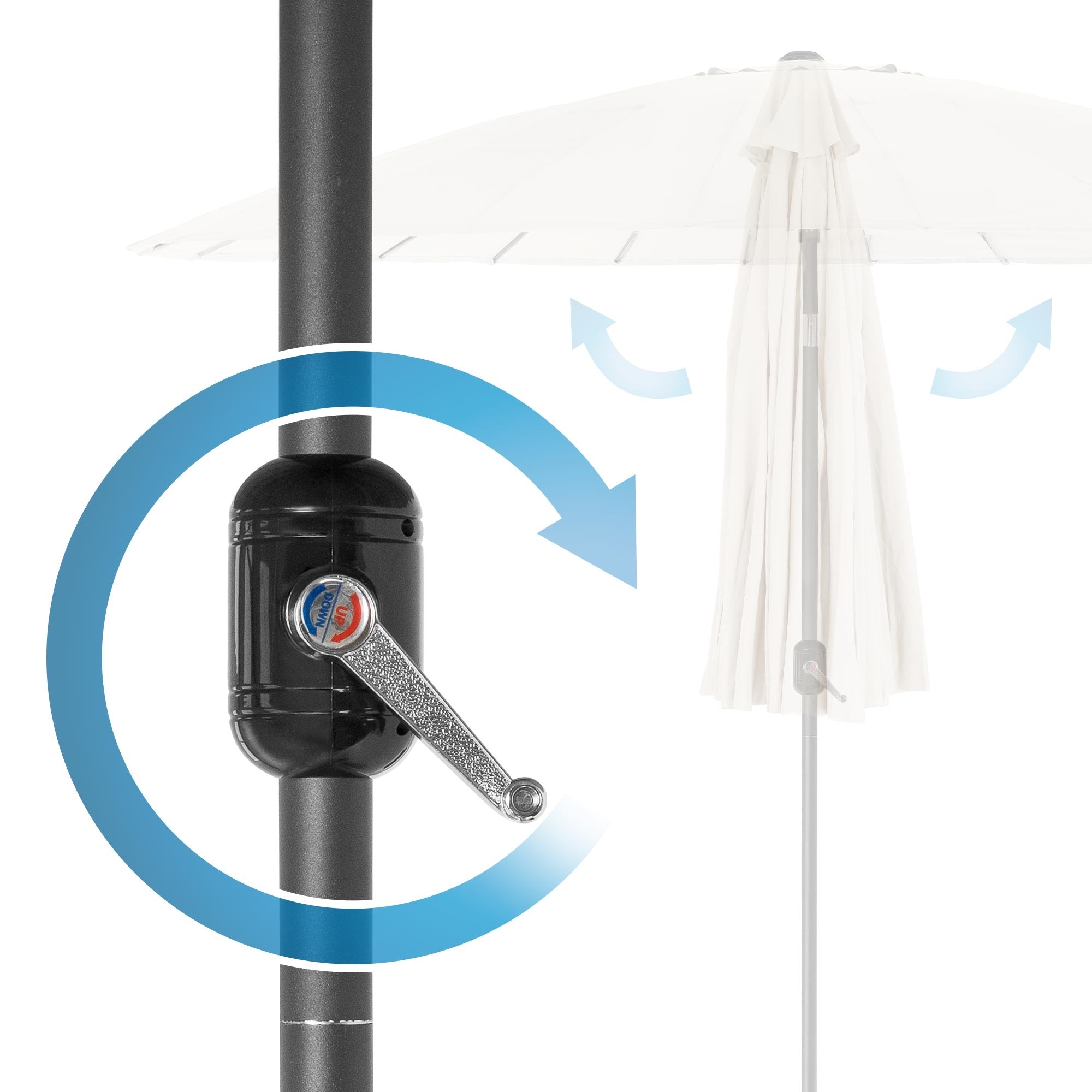 Gros plan sur le mécanisme à manivelle d'un parasol.