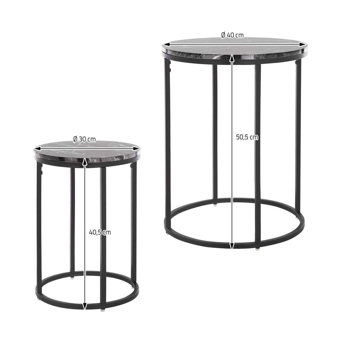Deux tables noires de hauteurs et de diamètres différents.
