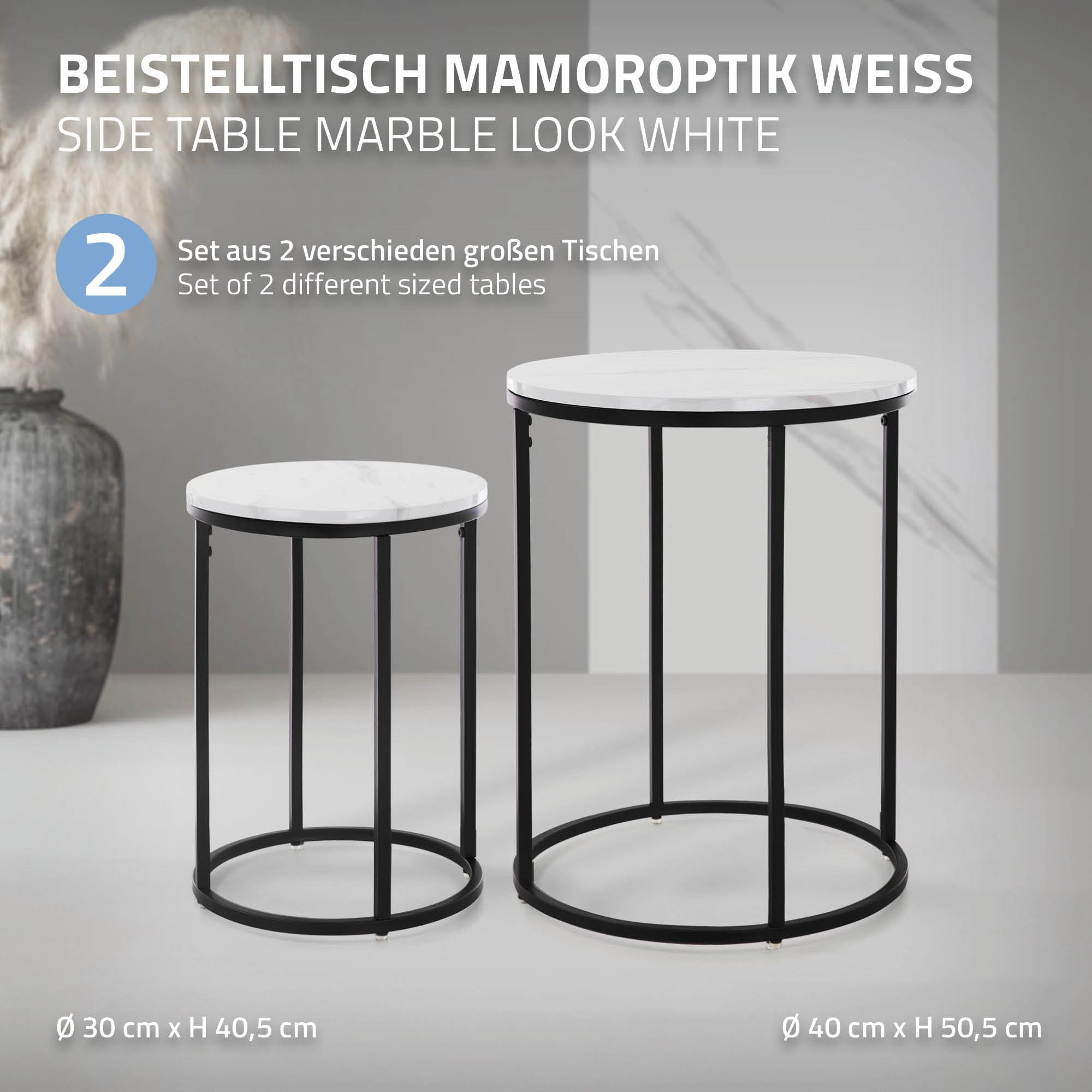 Beistelltisch in Marmoroptik weiß, zwei verschiedene Größen.