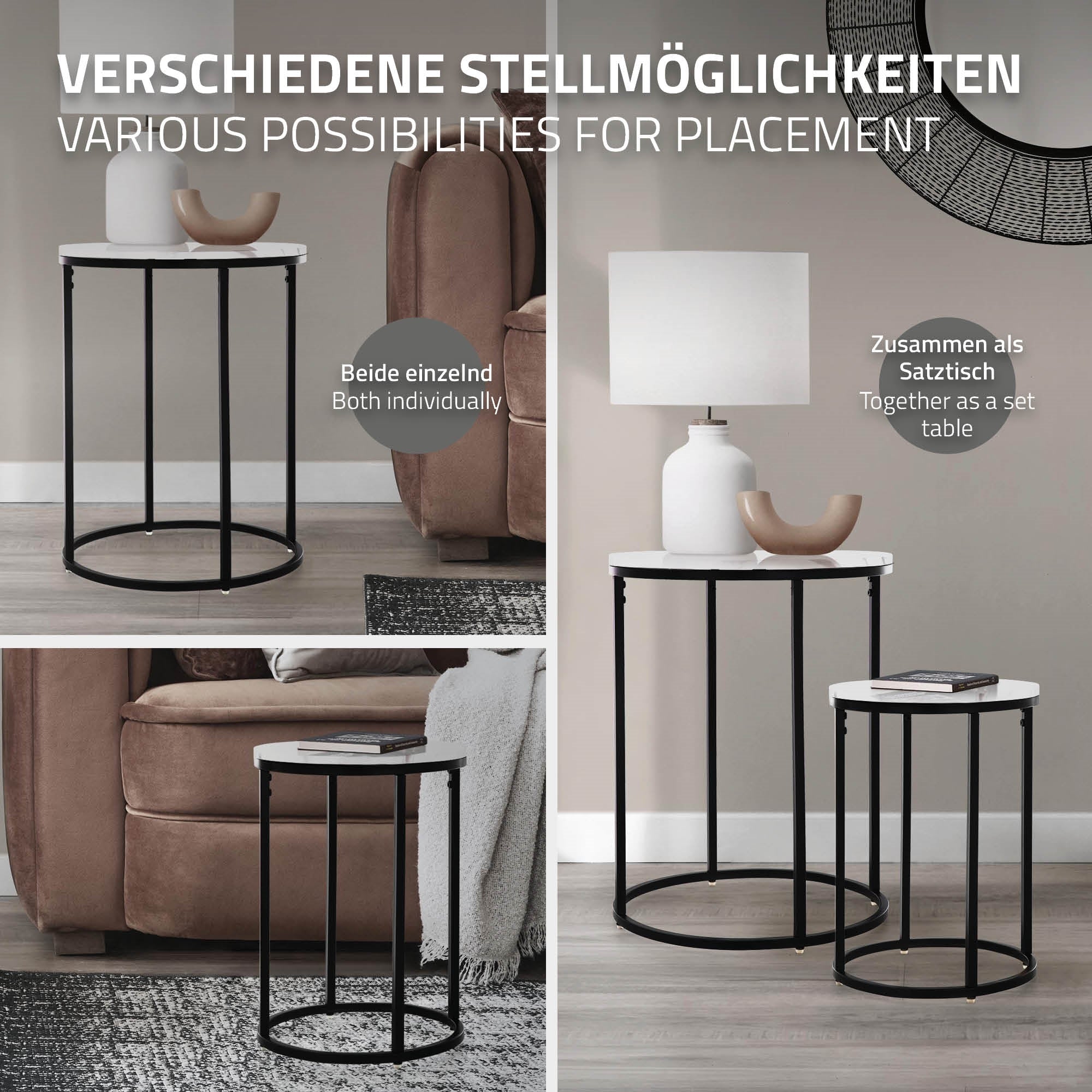 Zwei Beistelltische mit schwarzem Gestell und marmorierten Tischplatten.