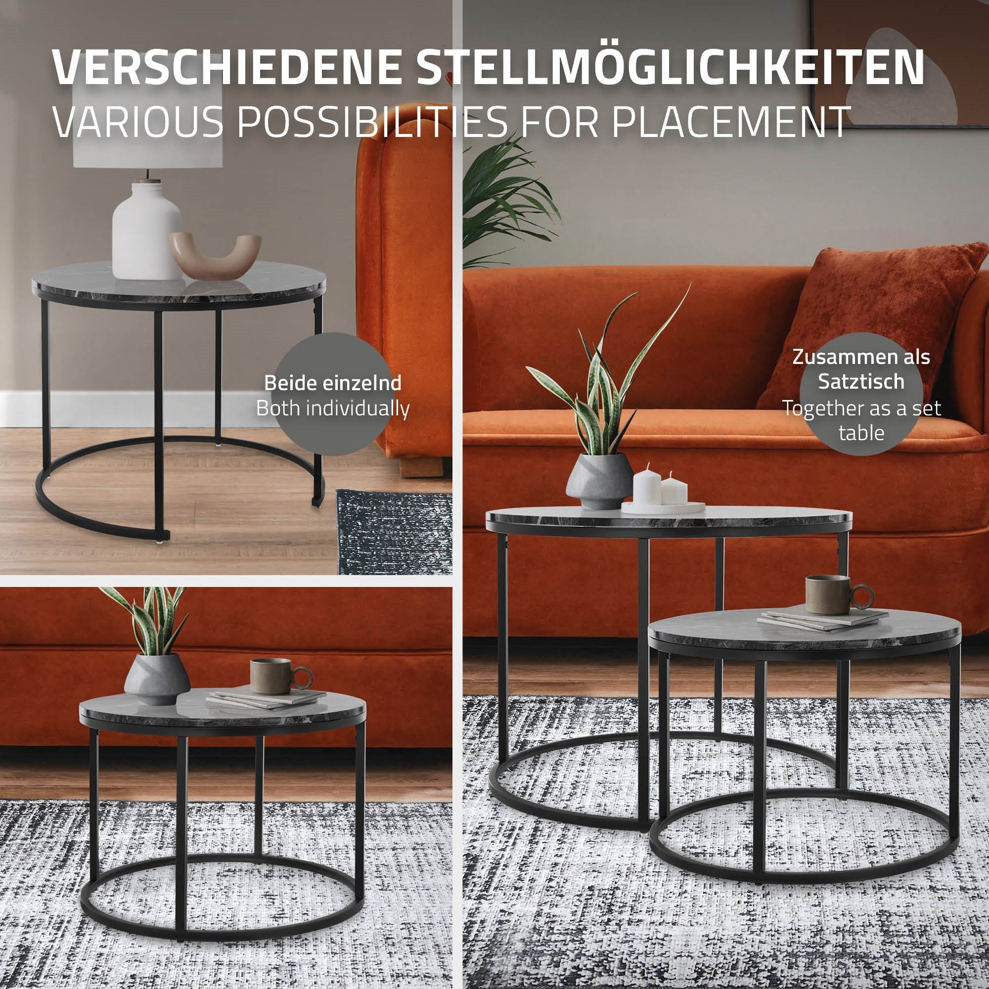 Tre forskellige arrangementer af sideborde i en stue.