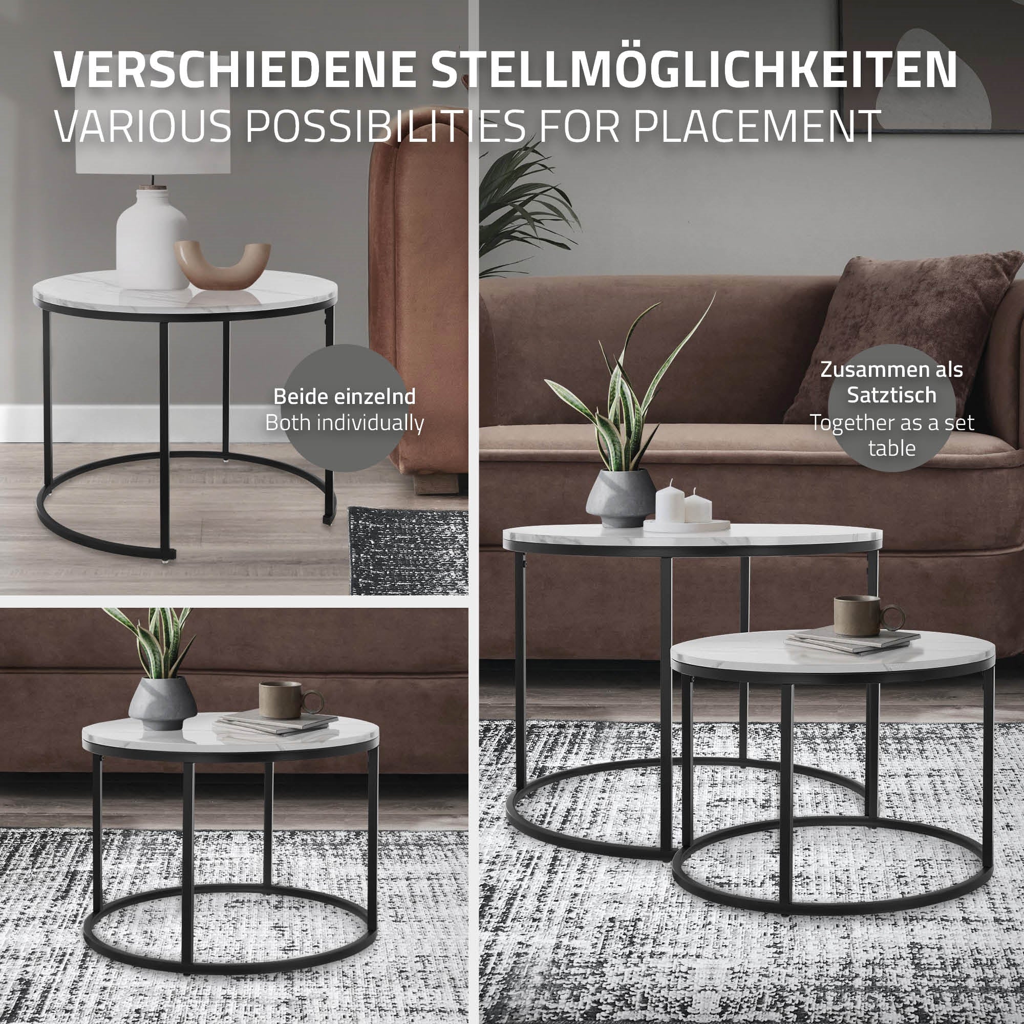Zwei Beistelltische in verschiedenen Größen auf einem Teppich.