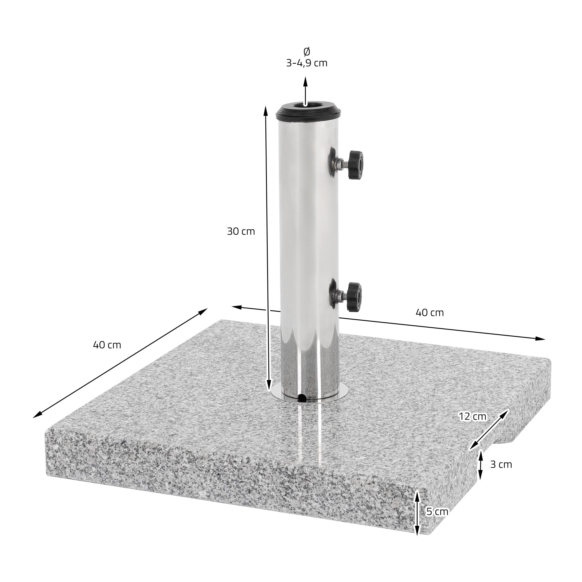 Pied en granit stable avec un tube en métal pour fixer une boîte aux lettres.