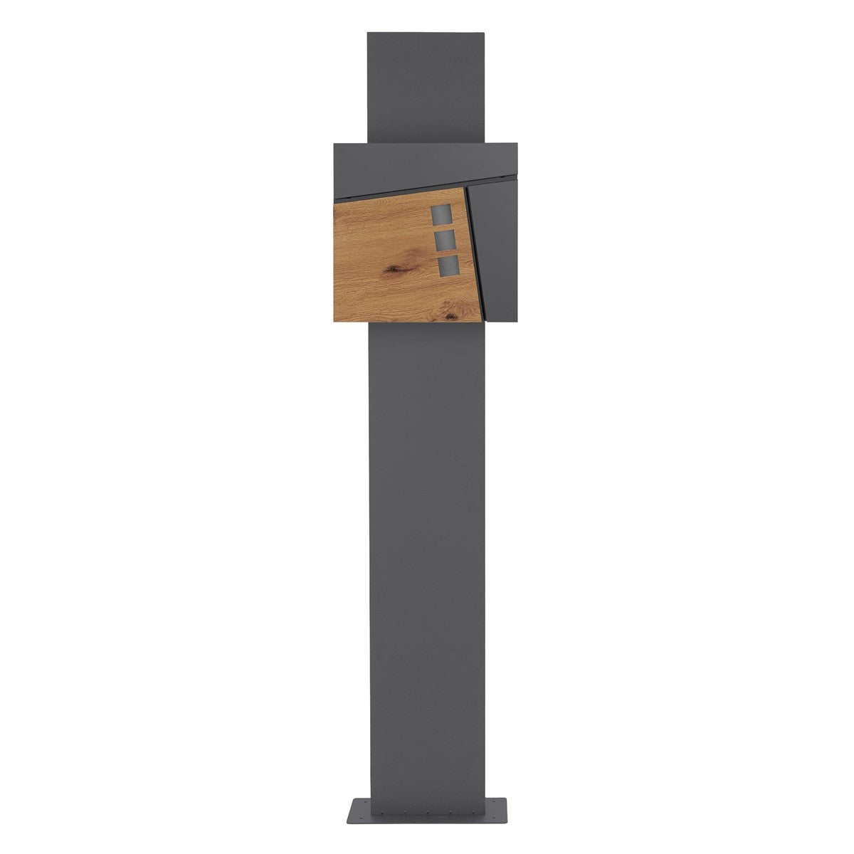 Freestanding mailbox with a gray and wood-colored finish on a pedestal.