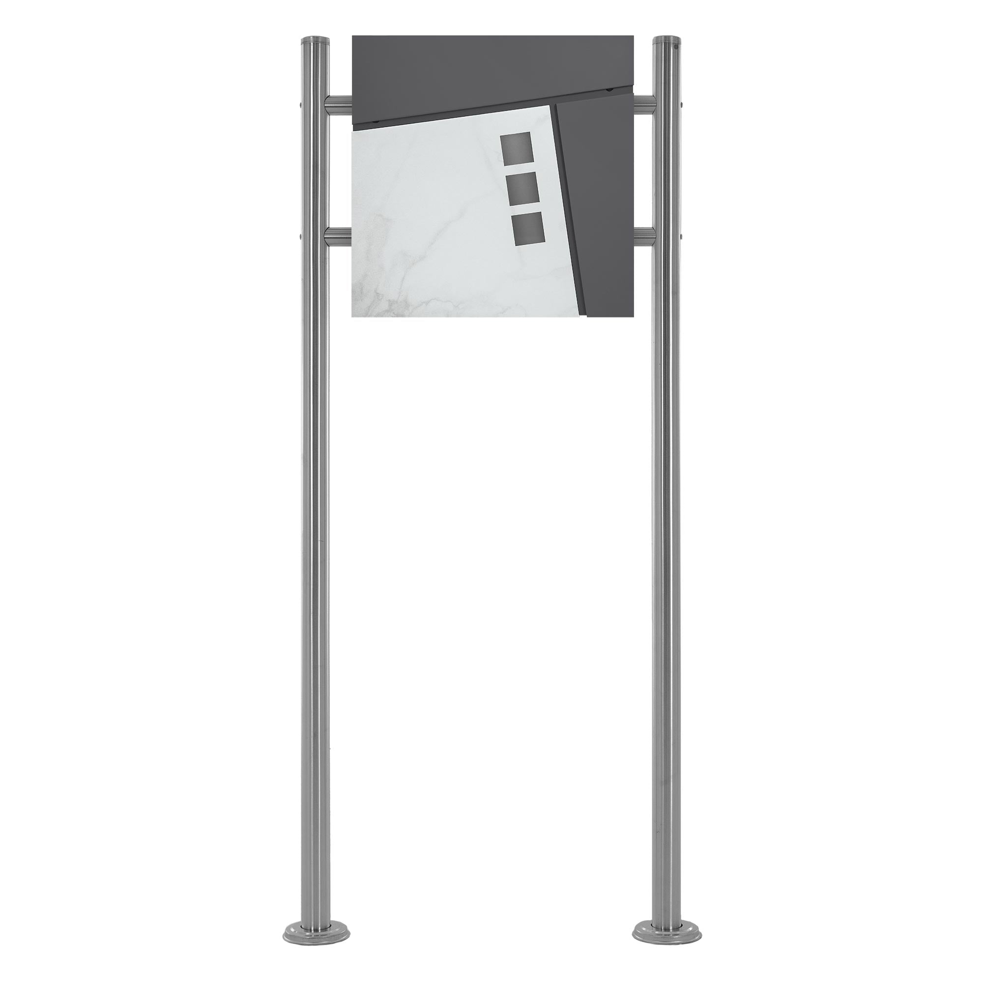 Mailbox in anthracite with marble decor, mounted on two vertical poles.