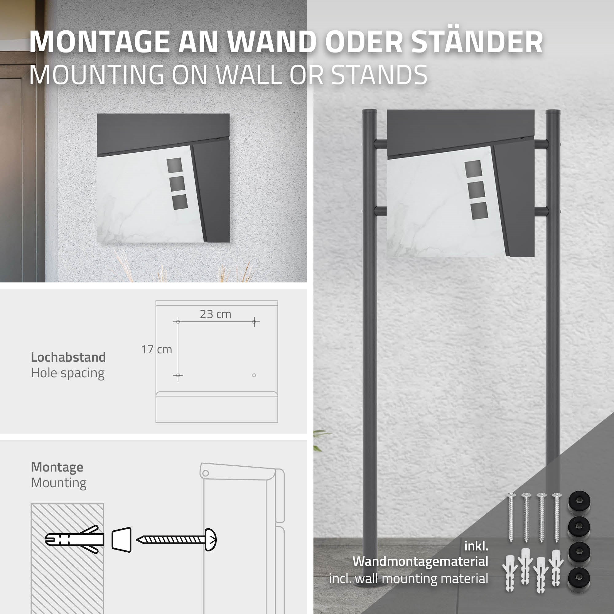 Montageanleitung für einen Briefkasten an Wand oder Stand.