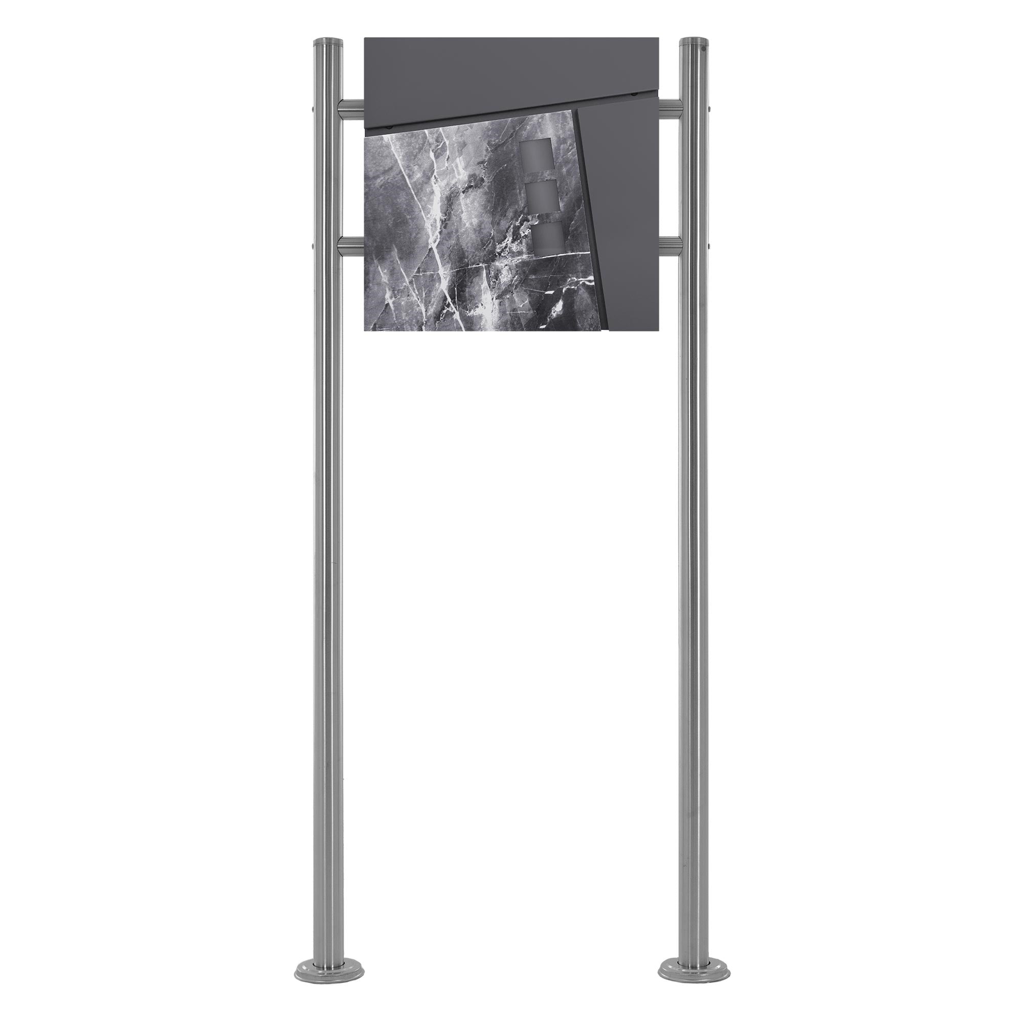 Free-standing mailbox with gray housing and black stone front.