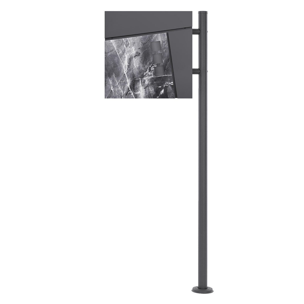Gray wall panel with a marble-effect front, mounted on a metal post.