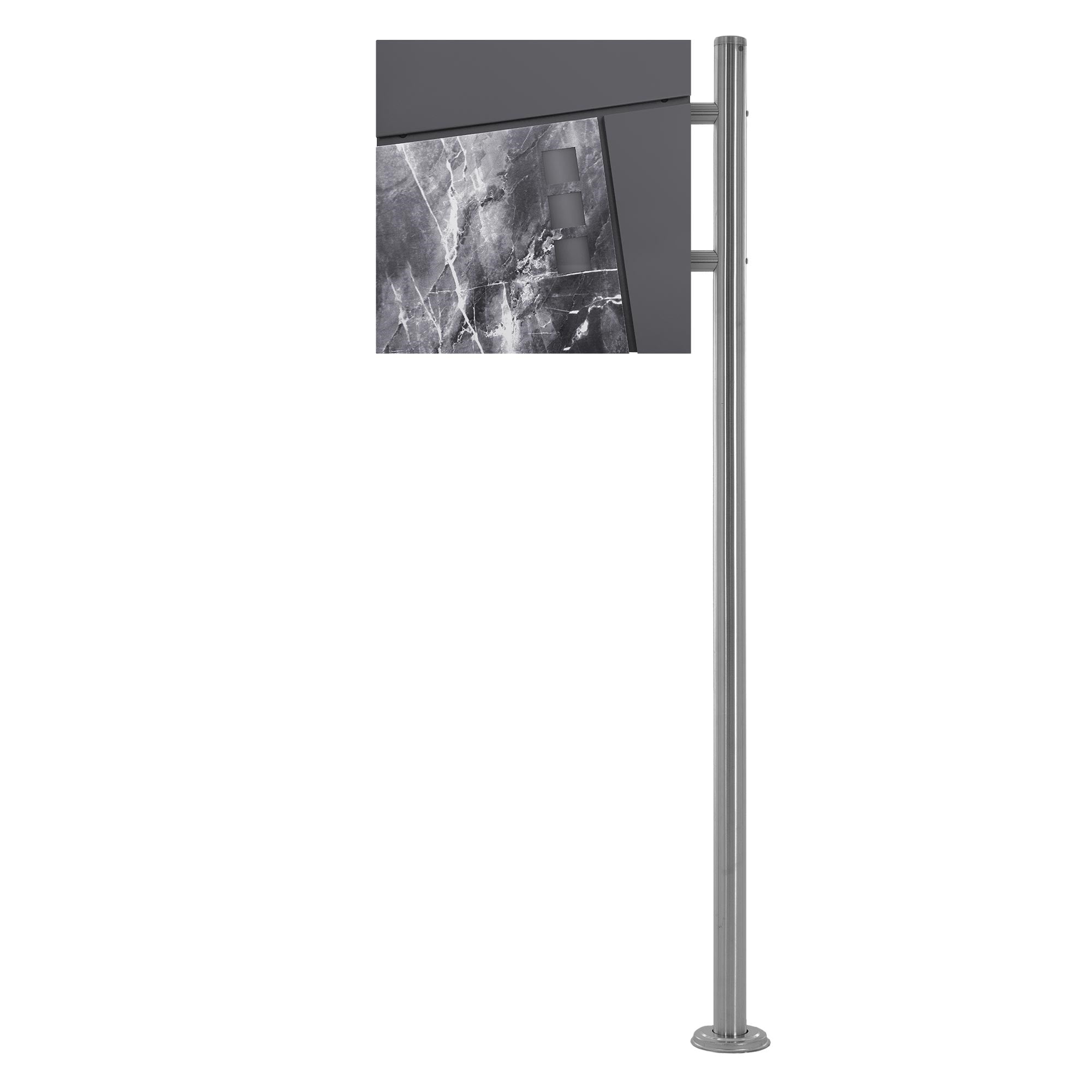 A freestanding sign with a rectangular display on a metal post.