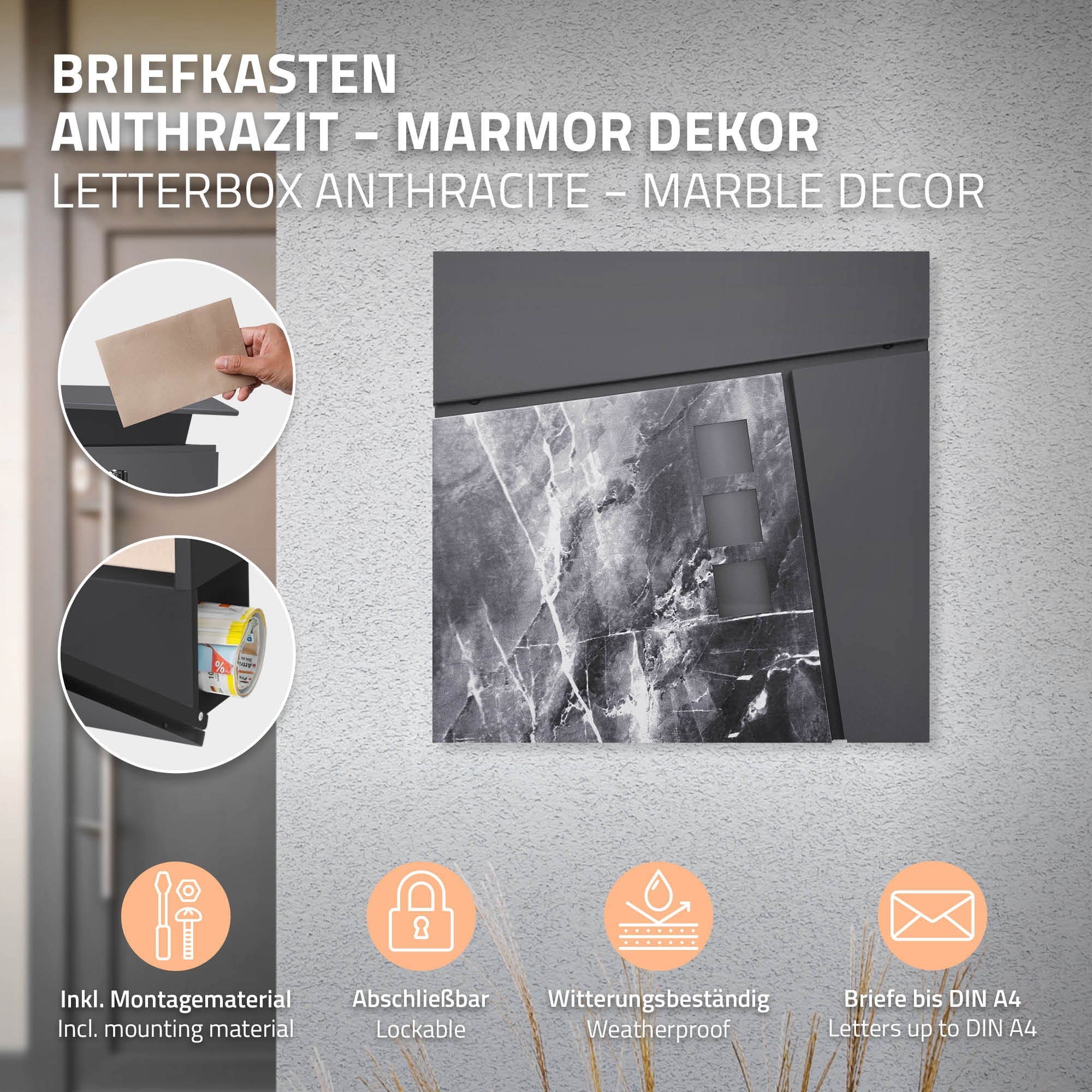 Briefkasten in Anthrazit mit Marmordekor, wetterfest und abschließbar.