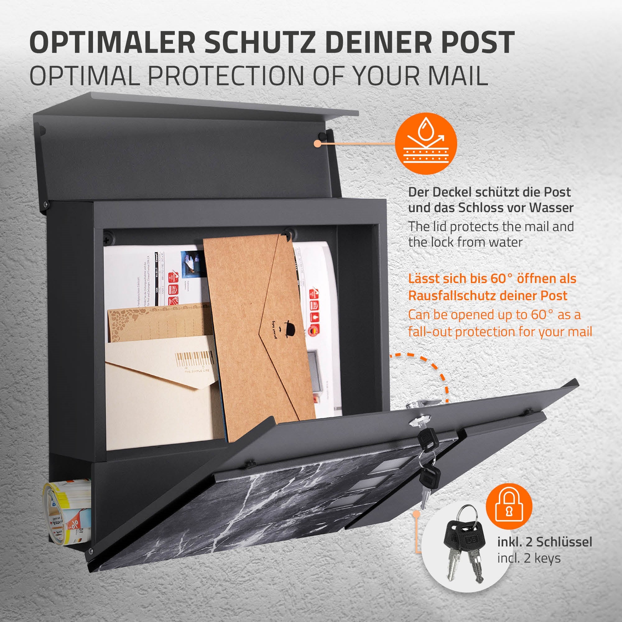 Offener Briefkasten mit Schutzdeckel, der Post und Schlüssel zeigt.