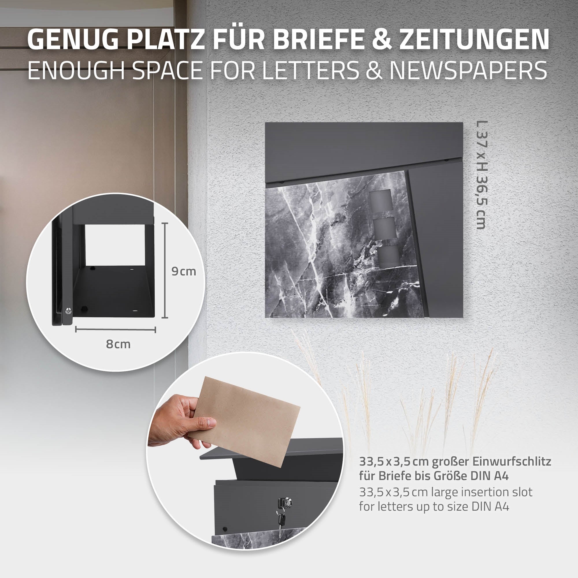 Grafik mit Maßen und Beschreibung eines Briefkastens für Briefe und Zeitungen.