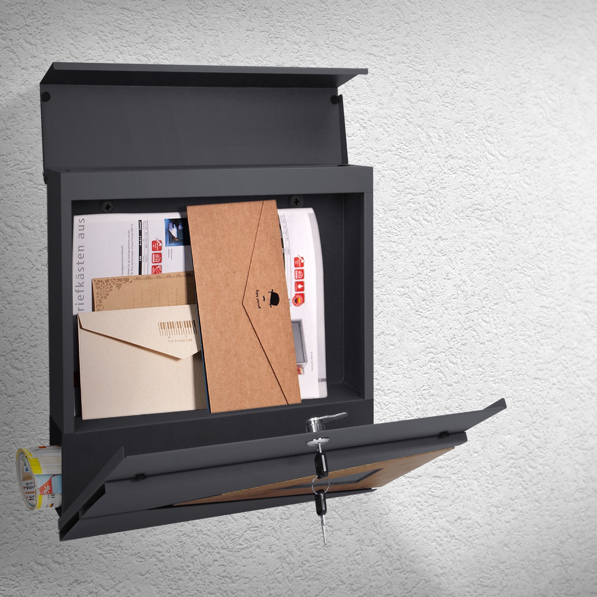 Open mailbox with mail and letters, mounted on a wall.