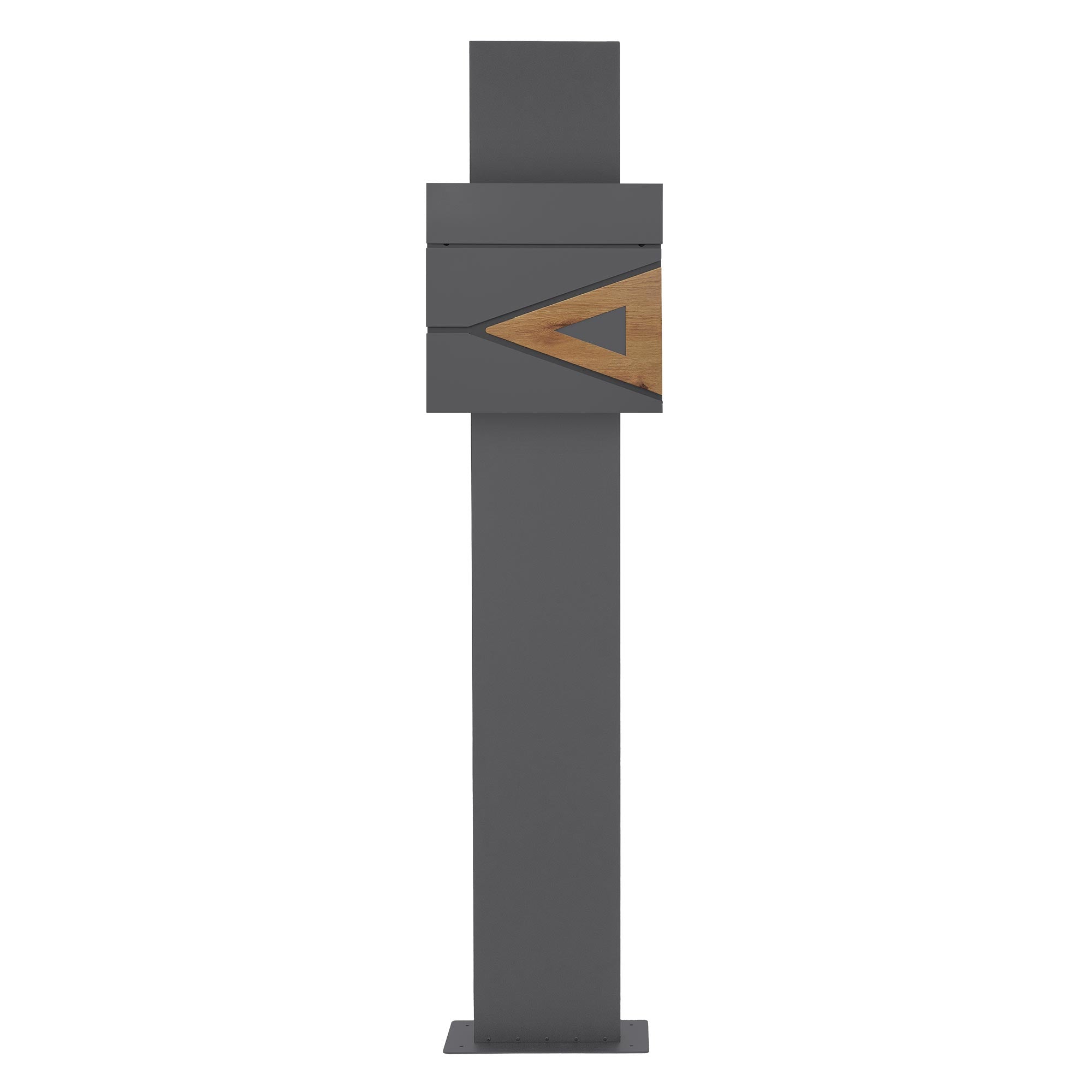 Briefkasten auf einem Standfuß, graues Design mit Holz-Element.