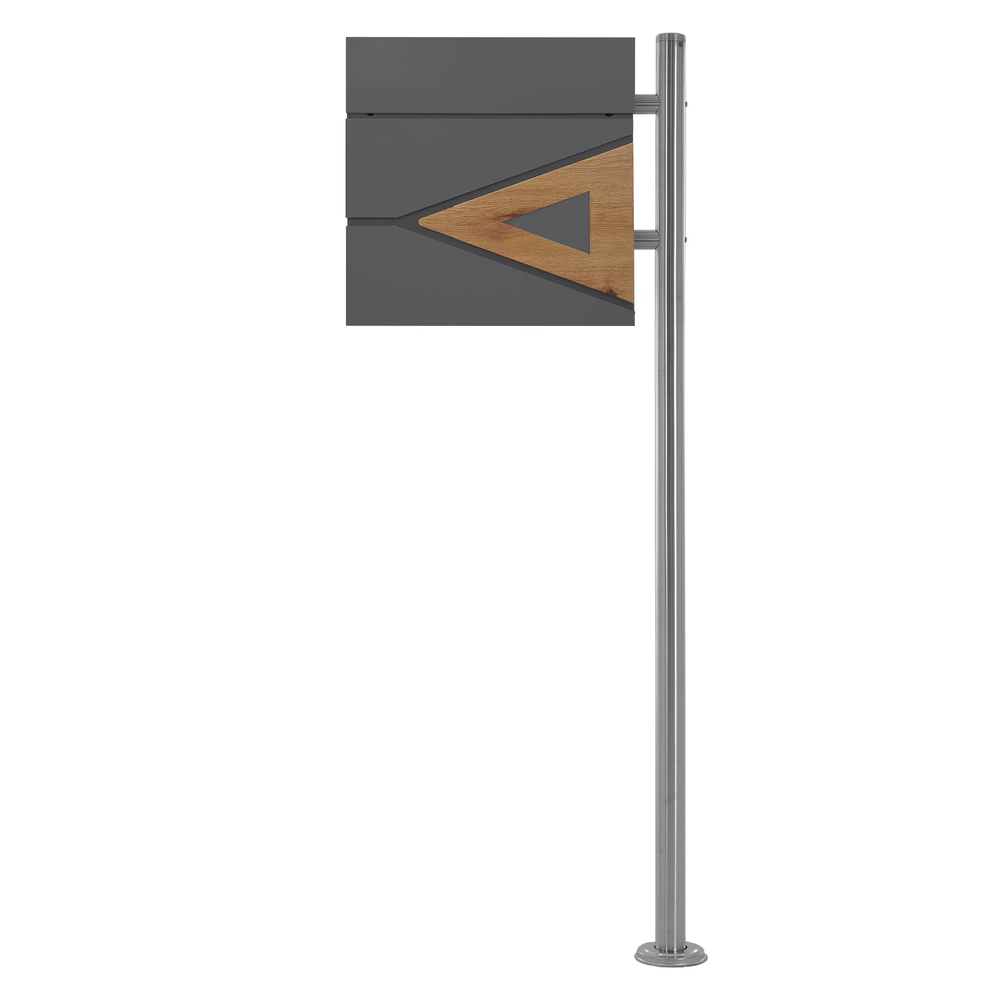Graue Wandtafel mit Holzdetails, an einem Metallpfosten montiert.