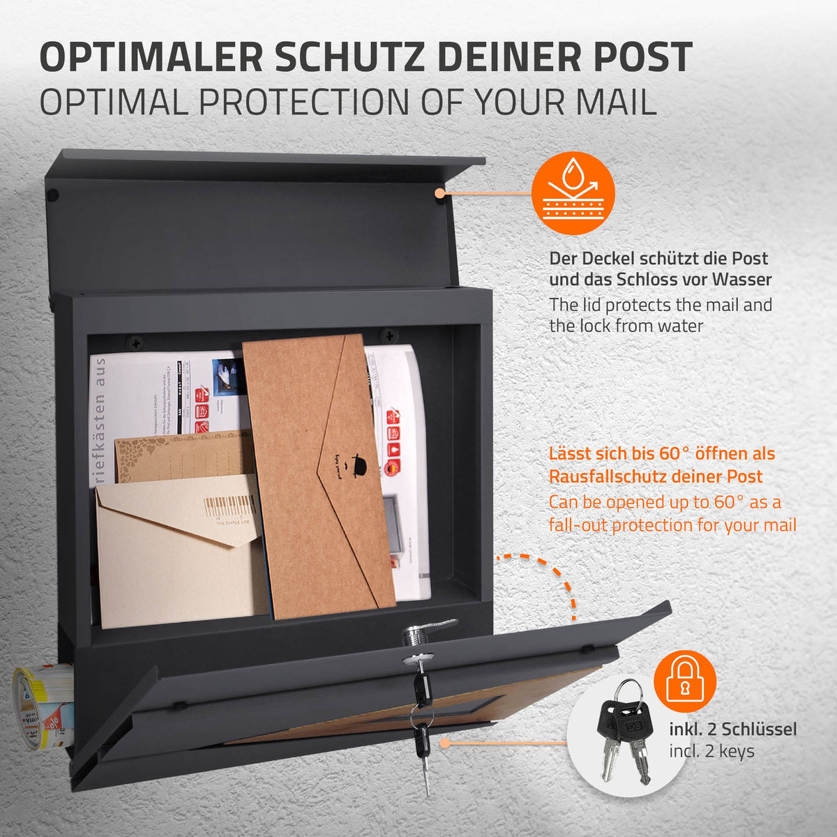 Offener Briefkasten mit Post und zwei Schlüsseln, Schutz vor Wasser.