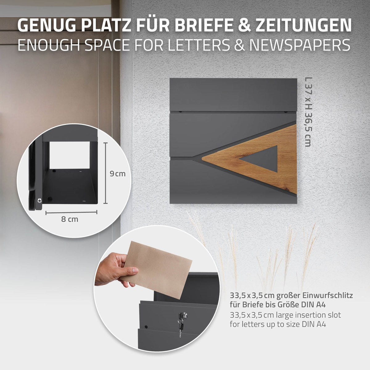 Grafik mit Informationen über den Platz im Briefkasten für Briefe und Zeitungen.