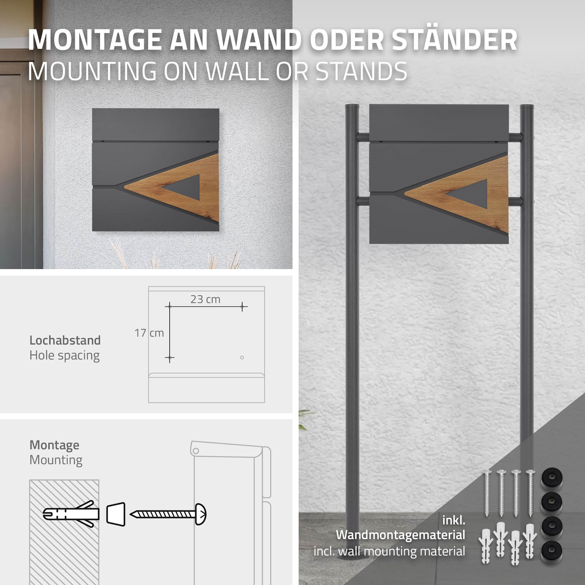 Assembly instructions for a mailbox, showing wall and stand assembly.