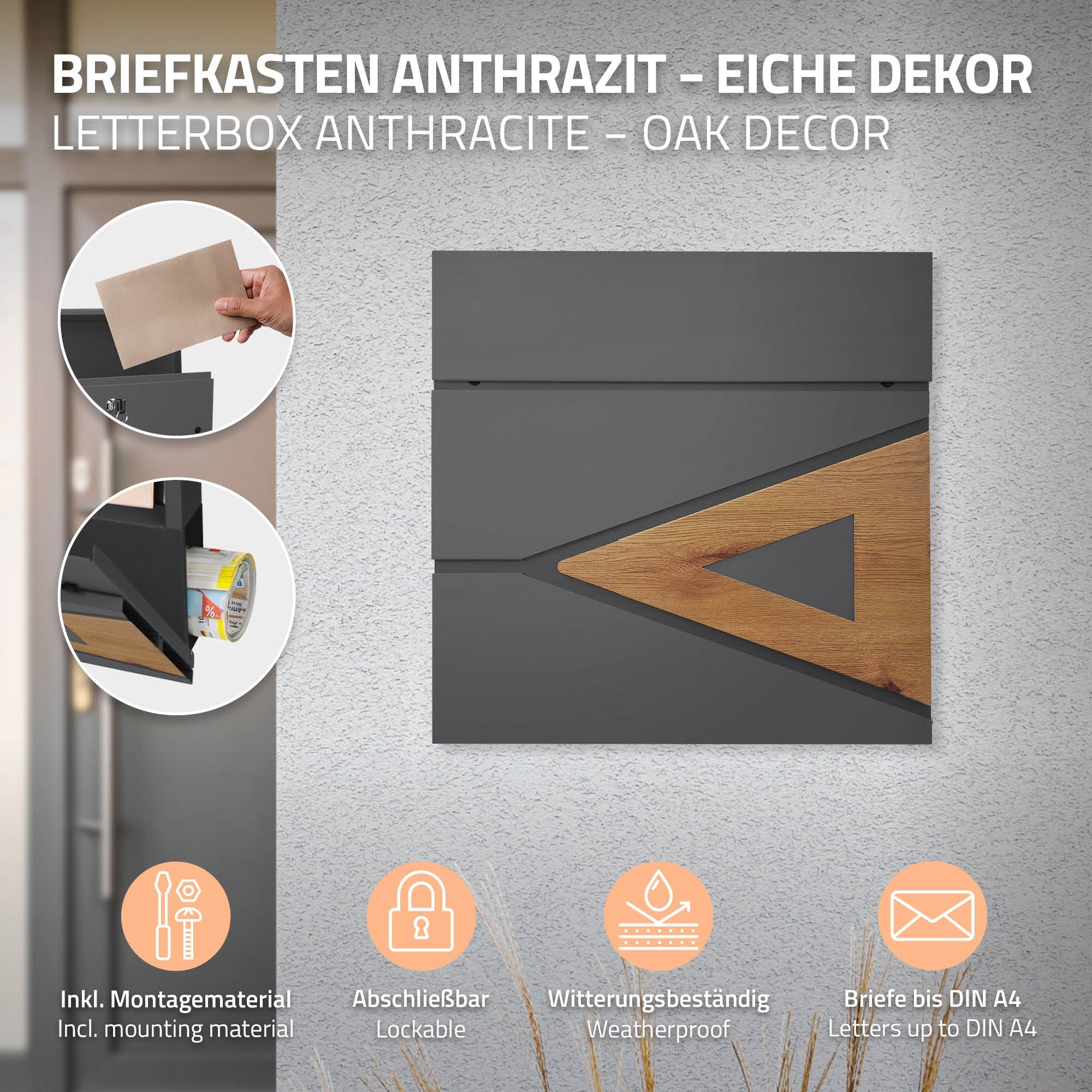 Briefkasten in Anthrazit mit Holzdekor, Montageanleitung und Informationen.