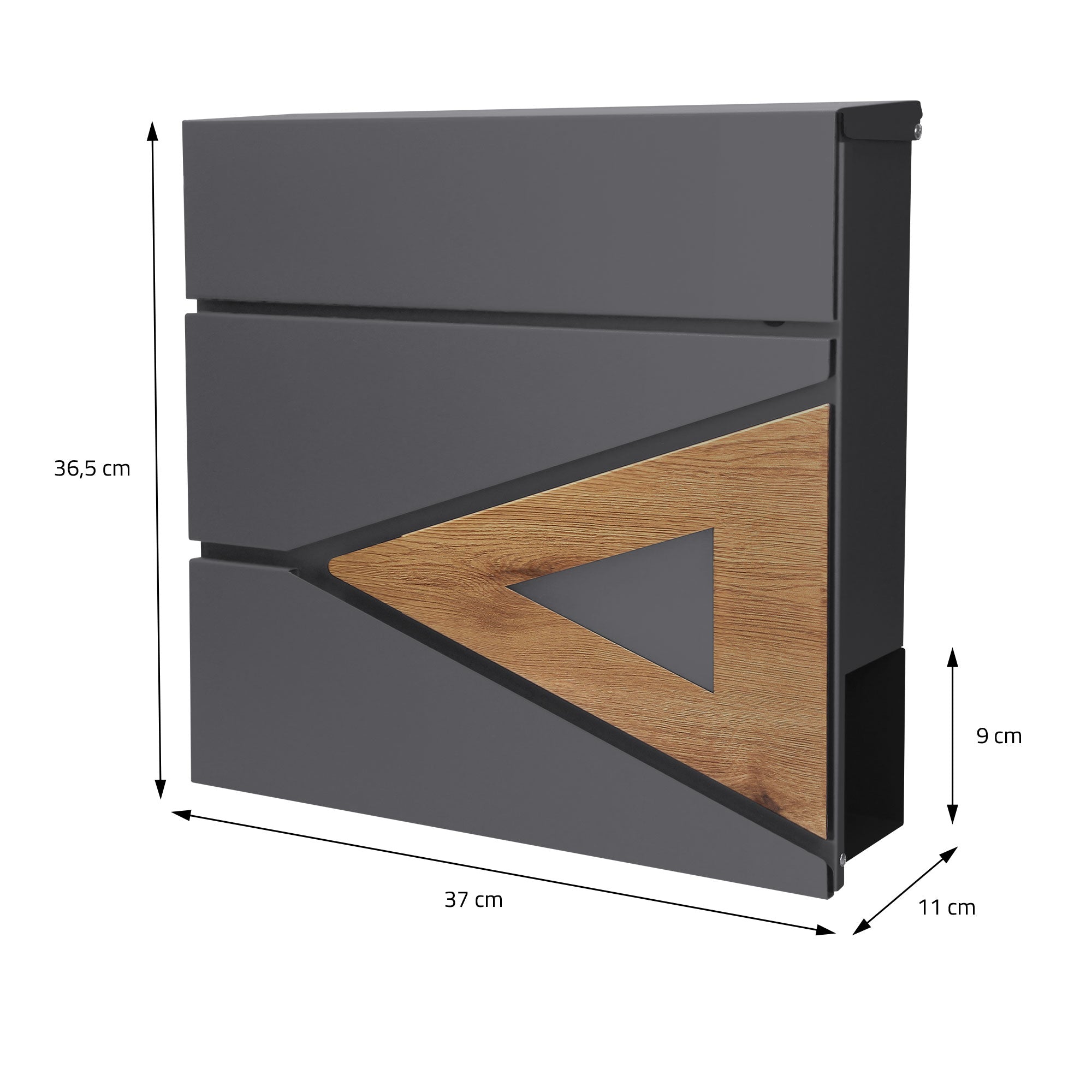 Mailbox with wood element, dimensions: 36.5 cm x 37 cm x 11 cm.